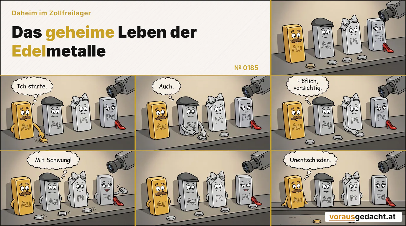 Vier Edelmetalle, ein Rennen. Kamera 47 wird zur Schiedsrichterin. Comic-Strip Nr. 0185: „Wagenrennen“. Bild 1: Blick von Kamera 47 schräg von oben auf das lange Regal. Alle vier Barren stehen aufrecht an ihren Plätzen, davor liegen vier Kronkorken in einer Reihe an der Regalkante. Die Kamera hängt oben rechts, das Objektiv nach unten geschwenkt. Bild 2: Gleicher Kamerablick: Goldbert hat einen kurzen Arm ausgefahren und stößt den ersten Kronkorken an, der losrollt. Das Objektiv schwenkt ein Stück nach rechts. Goldbert denkt: „Ich starte.“ Bild 3: Gleicher Kamerablick: Silbert stößt den zweiten Kronkorken an, zwei rollen jetzt. Das Objektiv schwenkt weiter nach rechts. Silbert denkt: „Auch.“ Bild 4: Gleicher Kamerablick: Platinette stößt den dritten Kronkorken behutsam an, drei rollen. Das Objektiv schwenkt nach links. Platinette denkt: „Höflich, vorsichtig.“ Bild 5: Gleicher Kamerablick: Palladette schnippt den vierten Kronkorken mit Schwung los, alle vier rollen. Das Objektiv schwenkt weiter nach unten. Palladette denkt: „Mit Schwung!“ Bild 6: Gleicher Kamerablick: Alle vier Kronkorken erreichen die andere Regalkante, einer knapp voraus. Die Barren stehen wieder aufrecht, die Arme verschwunden. Bild 7: Gleicher Kamerablick: Die Kronkorken sind vom Regal gefallen und liegen unten auf dem Boden. Alle vier Barren stehen aufrecht an ihren Plätzen, das Objektiv wieder mittig. Goldbert denkt: „Unentschieden.“