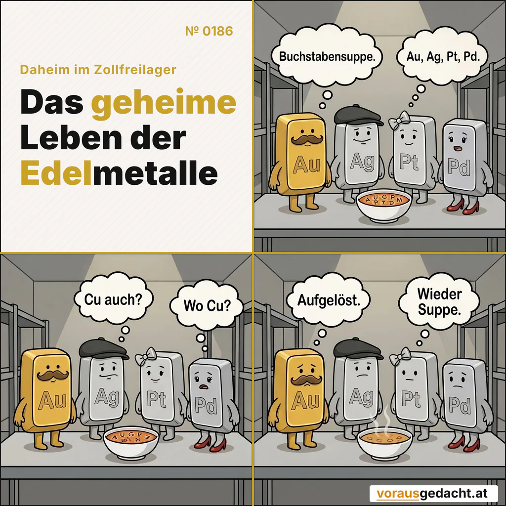 Vier Edelmetalle suchen sich selbst in der Suppe. Die Suppe gewinnt. Comic-Strip Nr. 0186: „Buchstabensuppe“. Bild 1: Alle vier Barren stehen aufrecht im Regal, kein Mensch da. Vor ihnen steht eine kleine weiße Schale Buchstabensuppe; darin schwimmen deutlich lesbar die Buchstaben A, U, G, P, T, D, M und E. Goldbert denkt: „Buchstabensuppe.“ Silbert denkt: „Au, Ag, Pt, Pd.“ Bild 2: Gleiches Regal: Die Buchstaben haben sich in der Suppe ein wenig neu angeordnet. Die Barren betrachten sie. Platinette denkt: „Cu auch?“ Palladette denkt: „Wo Cu?“ Bild 3: Gleiches Regal: Die Buchstaben sind auf den Boden der Schale gesunken und lösen sich auf – nur noch Suppe und Dampf. Alle vier schauen ausdruckslos. Goldbert denkt: „Aufgelöst.“ Silbert denkt: „Wieder Suppe.“