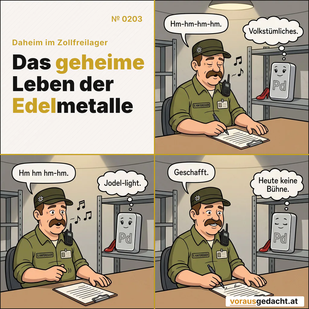 Sepp arbeitet im Takt. Palladette wäre lieber im Konzertsaal. Comic-Strip Nr. 0203: „Halt-an-mein-Lied“. Bild 1: Sepp füllt am Schreibtisch ein Formular aus und summt dabei, der Kopf wippt leicht mit. Kleine Notenzeichen schweben von ihm weg. Palladette steht im Regal daneben. Sepp sagt: „Hm-hm-hm-hm.“ Palladette denkt: „Volkstümliches.“ Bild 2: Gleiche Einstellung: Sepp summt stärker, wippt mehr und klopft mit der freien Hand den Takt. Palladettes Augen wandern eine Spur nach oben. Sepp sagt: „Hm hm hm-hm.“ Palladette denkt: „Jodel-light.“ Bild 3: Sepp unterschreibt das Formular mit Schwung, zufrieden. Palladettes Augen sind eine Spur geschlossen. Sepp sagt: „Geschafft.“ Palladette denkt: „Heute keine Bühne.“