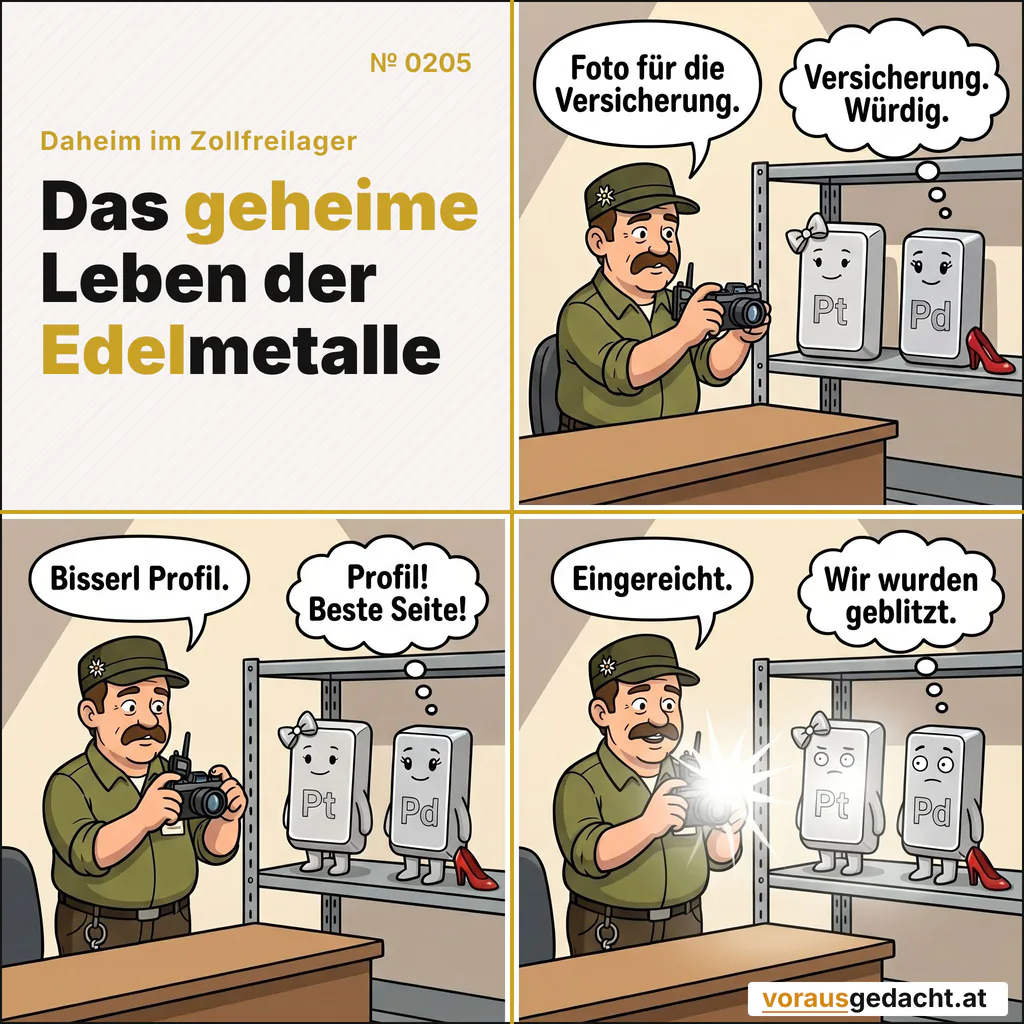 Versicherungsfotos sind nüchtern. Palladette inszeniert trotzdem. Comic-Strip Nr. 0205: „Versicherungsfoto“. Bild 1: Sepp hält am Schreibtisch eine kleine schwarze Filmkamera in Richtung Platinette und Palladette im Regal. Sepp sagt: „Foto für die Versicherung.“ Platinette denkt: „Versicherung. Würdig.“ Bild 2: Sepp stellt die Kamera nach, den Finger am Auslöser. Die beiden Barren stehen unverändert. Sepp sagt: „Bisserl Profil.“ Palladette denkt: „Profil! Beste Seite!“ Bild 3: Der Blitz geht los, ein weißer Lichtschwall. Sepp ist zufrieden, die beiden Barren stehen ausdruckslos im grellen Licht. Sepp sagt: „Eingereicht.“ Palladette denkt: „Wir wurden geblitzt.“
