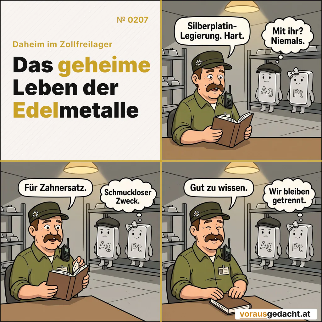 Silber und Platin können legiert werden. Sie wollen nicht. Comic-Strip Nr. 0207: „Legierung“. Bild 1: Sepp liest an seinem Schreibtisch laut aus einem kleinen naturwissenschaftlichen Buch vor. Silbert und Platinette stehen im Regal daneben. Sepp sagt: „Silberplatin-Legierung. Hart.“ Silbert denkt: „Mit ihr? Niemals.“ Bild 2: Sepp blättert um und liest weiter. Beide Barren unverändert. Sepp sagt: „Für Zahnersatz.“ Platinette denkt: „Schmuckloser Zweck.“ Bild 3: Sepp klappt das Buch zufrieden zu. Beide Barren schauen ausdruckslos. Sepp sagt: „Gut zu wissen.“ Silbert denkt: „Wir bleiben getrennt.“