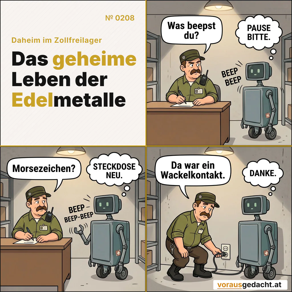 R-3000 funkt SOS in Pixel-Sprache. Sepp deutet das Kabel. Comic-Strip Nr. 0208: „Morsezeichen“. Bild 1: R-3000 steht neben Sepps Schreibtisch und piept sichtbar: Bewegungsstriche und der Schriftzug „BEEP BEEP“. Sepp sitzt mit erhobenem Stift und gerunzelter Stirn da. Sepp sagt: „Was beepst du?“ R-3000 denkt: „PAUSE BITTE.“ Bild 2: R-3000 piept in einem anderen Muster weiter. Sepp hört zu. Sepp sagt: „Morsezeichen?“ R-3000 denkt: „STECKDOSE NEU.“ Bild 3: Sepp bückt sich zur Steckdose an der Wand – der Stecker sitzt sichtbar locker. R-3000 hört auf zu piepen. Sepp sagt: „Da war ein Wackelkontakt.“ R-3000 denkt: „DANKE.“