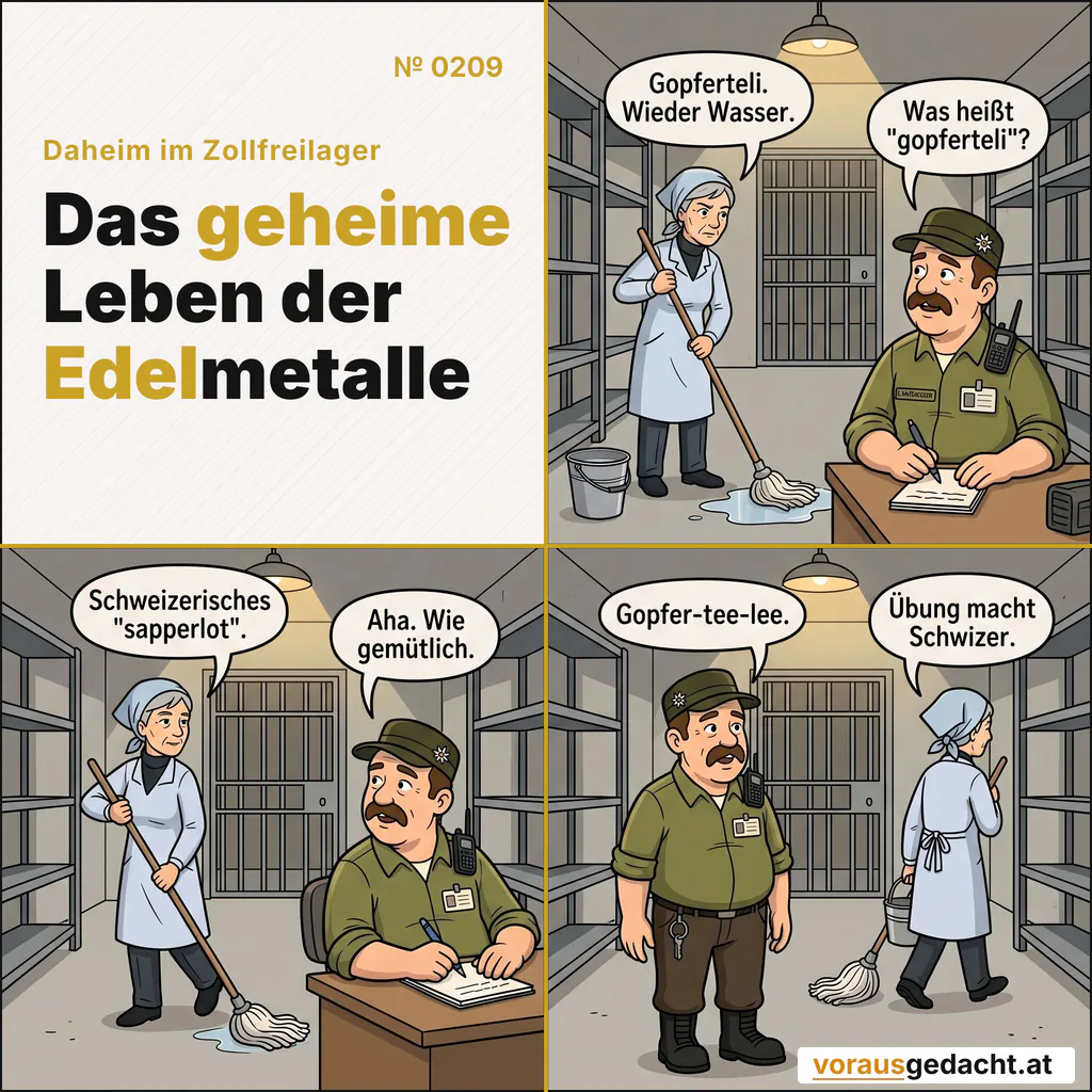 Sepp lernt Schweizerdeutsch. Frau Hubeli unterrichtet ohne Lehrbuch. Comic-Strip Nr. 0209: „Schweizerdeutsch“. Bild 1: Frau Hubeli wischt mit leicht gerunzelter Stirn den Gang. Sepp sitzt am Schreibtisch, den Stift in der Luft, und hört angestrengt zu. Frau Hubeli sagt: „Gopferteli. Wieder Wasser.“ Sepp sagt: „Was heißt 'gopferteli'?“ Bild 2: Frau Hubeli wischt ohne Pause weiter. Sepp beugt sich aufmerksam vor. Frau Hubeli sagt: „Schweizerisches 'sapperlot'.“ Sepp sagt: „Aha. Wie gemütlich.“ Bild 3: Sepp steht jetzt und versucht, es sorgfältig nachzusprechen. Frau Hubeli geht mit Mopp und Eimer den Gang hinunter. Sepp sagt: „Gopfer-tee-lee.“ Frau Hubeli sagt: „Übung macht Schwizer.“