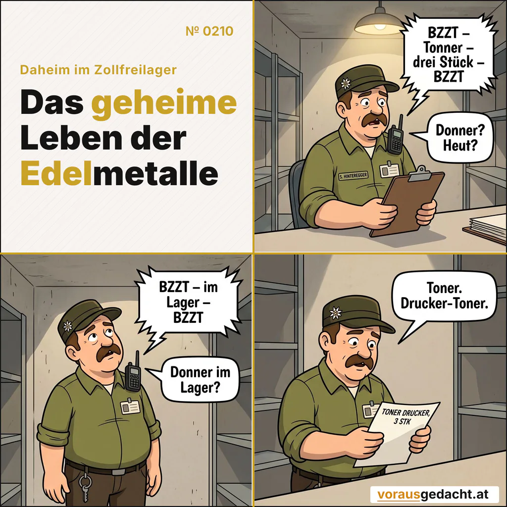 Walkie-Anweisungen klingen oft wie Wettervorhersagen. Drucker-Toner heuer mit Donner. Comic-Strip Nr. 0210: „Tonner“. Bild 1: Sepp am Schreibtisch, das Funkgerät an der Schulter knackt. Er hält inne, hört zu und wirkt erschrocken. Der Chef funkt: „BZZT – Tonner – drei Stück – BZZT“ Sepp sagt: „Donner? Heut?“ Bild 2: Sepp steht auf und blickt nervös zur Decke. Das Funkgerät knackt erneut. Der Chef funkt: „BZZT – im Lager – BZZT“ Sepp sagt: „Donner im Lager?“ Bild 3: Sepp liest einen Lieferschein auf seinem Schreibtisch, deutlich lesbar: „TONER DRUCKER, 3 STK“. Ihm dämmert es. Sepp sagt: „Toner. Drucker-Toner.“