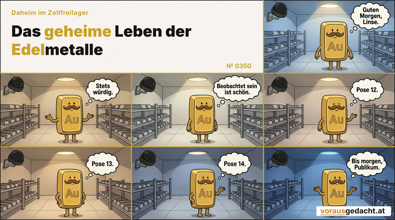 Sieben Stunden Goldbert vor der Linse. Vierzehn Posen – alle gleich. Comic-Strip Nr. 0350: „Tag durch Goldbert“. Bild 1: Blick von Kamera 47 schräg von oben auf Goldbert im Regal, im blauen Morgenlicht. Er steht aufrecht, der Schnurrbart tadellos. Die Kamera hängt oben links, das Objektiv nach rechts auf ihn geschwenkt. Goldbert denkt: „Guten Morgen, Linse.“ Bild 2: Gleicher Kamerablick, wärmeres Mittagslicht. Goldbert unverändert. Das Objektiv ist noch weiter nach rechts geschwenkt. Goldbert denkt: „Stets würdig.“ Bild 3: Gleicher Kamerablick, helles Nachmittagslicht. Goldbert unverändert. Das Objektiv schwenkt nach links über das Regal. Goldbert denkt: „Beobachtet sein ist schön.“ Bild 4: Gleicher Kamerablick, weiches Spätnachmittagslicht. Goldberts Augen sind eine Spur geschlossen. Das Objektiv zeigt nach vorn. Goldbert denkt: „Pose 12.“ Bild 5: Gleicher Kamerablick, warmes Abendlicht. Goldbert unverändert. Das Objektiv ist leicht nach oben geschwenkt. Goldbert denkt: „Pose 13.“ Bild 6: Gleicher Kamerablick, blaues Spätabendlicht. Goldbert unverändert. Das Objektiv zeigt nach unten. Goldbert denkt: „Pose 14.“ Bild 7: Gleicher Kamerablick bei Nacht, blaues Deckenlicht. Goldbert steht unverändert aufrecht. Das Objektiv zeigt nach vorn, die Leuchte blinkt schwach. Goldbert denkt: „Bis morgen, Publikum.“