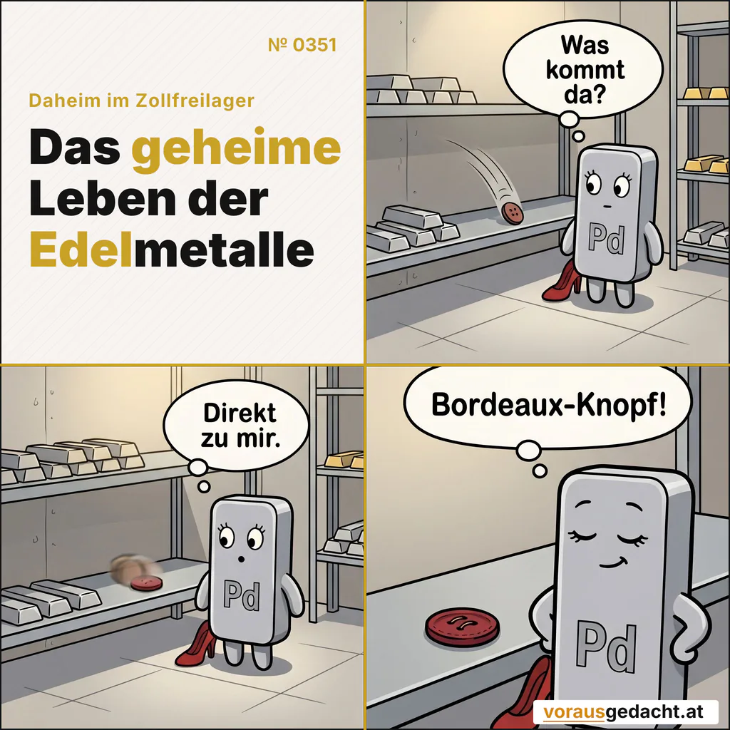 Ein Knopf in Pd-Farbe rollt zu Pd. Eine kleine Geste des Universums. Comic-Strip Nr. 0351: „Bordeaux-Knopf“. Bild 1: Palladette allein im Regal, kein Mensch da. Ein kleiner Gegenstand rollt sichtbar in einem Bogen auf ihr Regal zu. Palladette denkt: „Was kommt da?“ Bild 2: Gleiches Regal: Der Gegenstand ist direkt neben Palladette gelandet, noch leicht unscharf. Palladette denkt: „Direkt zu mir.“ Bild 3: Nahaufnahme: Es ist ein kleiner bordeauxroter Lederknopf. Palladettes Augen sind eine Spur geschlossen, ein winziges Lächeln. Palladette denkt: „Bordeaux-Knopf!“