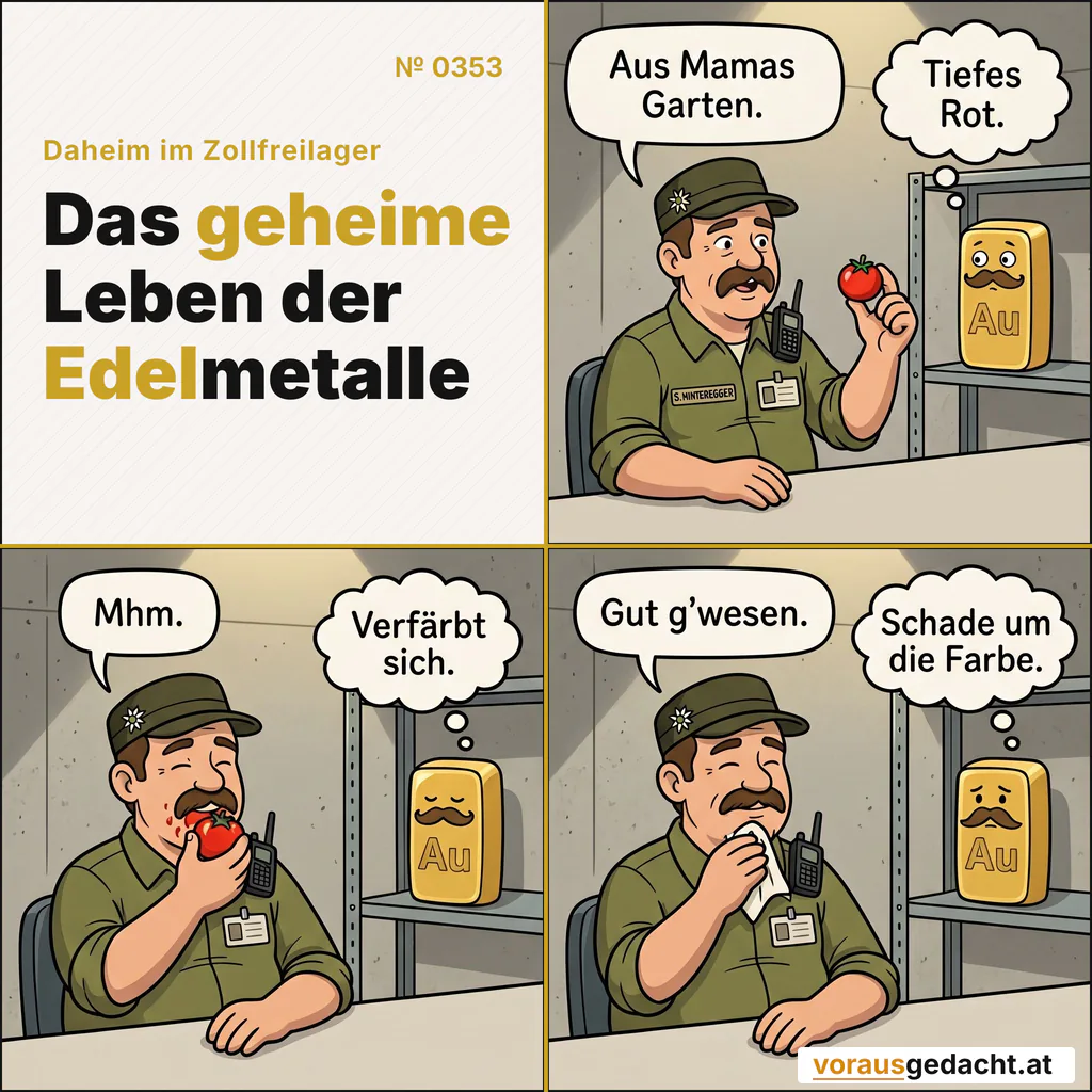 Mamas Tomate verschwindet schnell. Goldbert trauert kurz dem Rot nach. Comic-Strip Nr. 0353: „Tomate“. Bild 1: Sepp hält am Schreibtisch eine kleine leuchtend rote Tomate zwischen zwei Fingern hoch. Goldbert sieht mit großen Augen aus dem Regal zu. Sepp sagt: „Aus Mamas Garten.“ Goldbert denkt: „Tiefes Rot.“ Bild 2: Sepp isst die Tomate in einem Stück, sichtlich zufrieden, Saft an den Lippen. Goldberts Augen sind eine Spur geschlossen. Sepp sagt: „Mhm.“ Goldbert denkt: „Verfärbt sich.“ Bild 3: Die Tomate ist weg, Sepp wischt sich zufrieden den Mund. Goldberts Schnurrbart hängt ein wenig. Sepp sagt: „Gut g'wesen.“ Goldbert denkt: „Schade um die Farbe.“