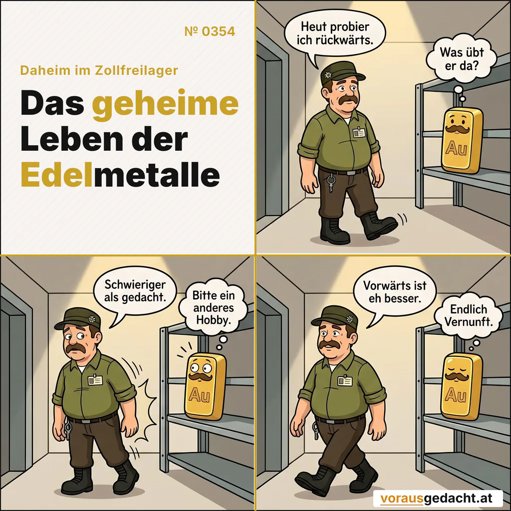Sepp probiert rückwärts. Goldbert plädiert für vorwärts. Comic-Strip Nr. 0354: „Rückwärts“. Bild 1: Sepp steht im Gang und versucht rückwärts zu gehen, ein Fuß nach hinten ausgestreckt, die Arme an den Seiten. Goldbert steht im Regal. Sepp sagt: „Heut probier ich rückwärts.“ Goldbert denkt: „Was übt er da?“ Bild 2: Sepp stößt mit dem Rücken sanft gegen die Regalkante, kleine Bewegungsstriche. Goldbert macht sehr große Augen. Sepp sagt: „Schwieriger als gedacht.“ Goldbert denkt: „Bitte ein anderes Hobby.“ Bild 3: Sepp geht wieder normal vorwärts, zufrieden. Goldberts Augen sind erleichtert eine Spur geschlossen. Sepp sagt: „Vorwärts ist eh besser.“ Goldbert denkt: „Endlich Vernunft.“