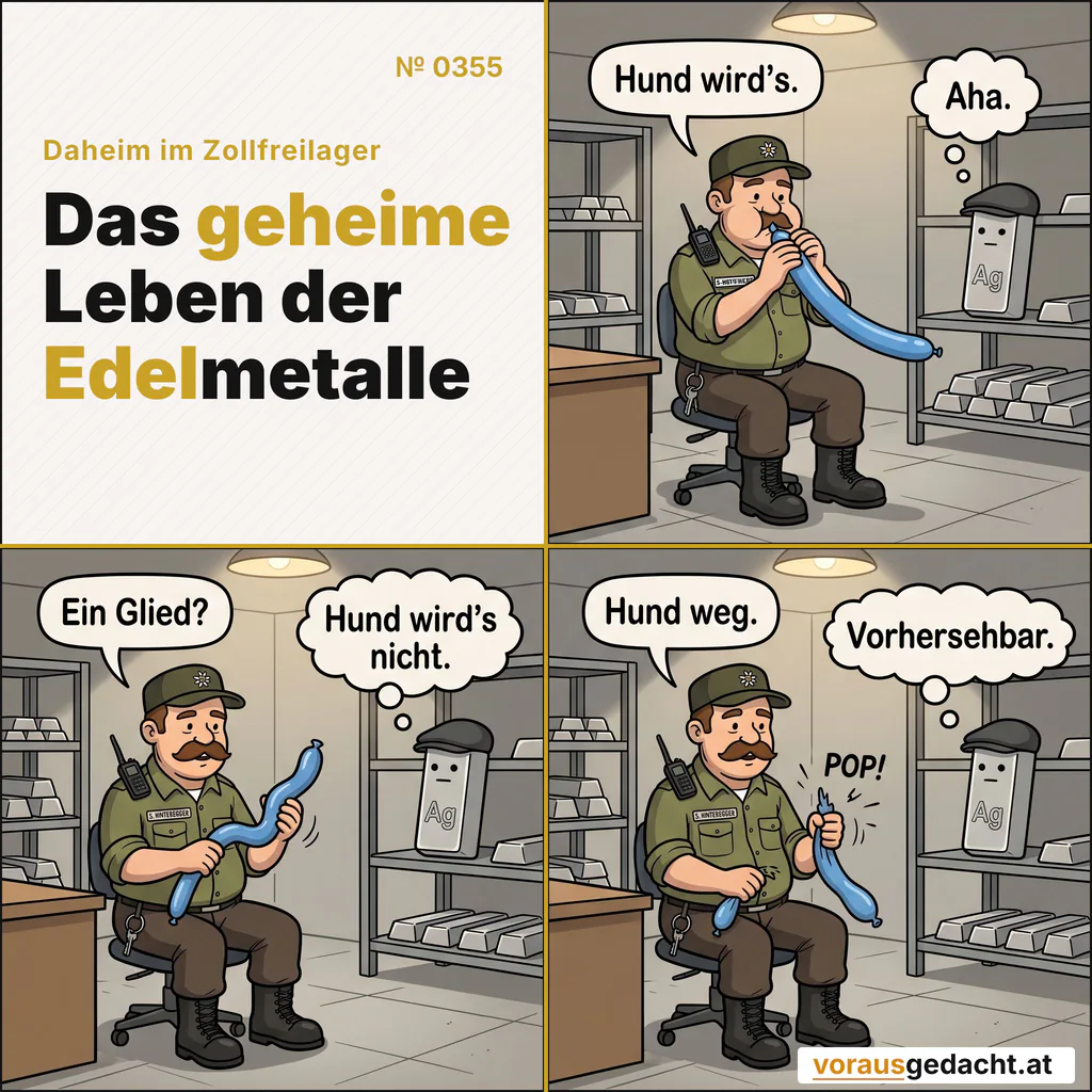 Ballon-Hunde sind eine Wissenschaft. Sepps Versuch dauert kurz. Comic-Strip Nr. 0355: „Luftballon“. Bild 1: Sepp bläst am Schreibtisch einen langen blauen Luftballon auf, die Backen weit aufgeblasen. Silbert steht im Regal daneben. Sepp sagt: „Hund wird's.“ Silbert denkt: „Aha.“ Bild 2: Sepp dreht den aufgeblasenen Ballon umständlich mit beiden Händen. Die Form bleibt unbestimmt und erinnert an nichts. Sepp sagt: „Ein Glied?“ Silbert denkt: „Hund wird's nicht.“ Bild 3: Der Ballon platzt sichtbar – ein „POP!“ mit Bewegungsstrichen. Sepp hält enttäuscht die schlaffe Hülle in der Hand. Silbert schaut ausdruckslos. Sepp sagt: „Hund weg.“ Silbert denkt: „Vorhersehbar.“
