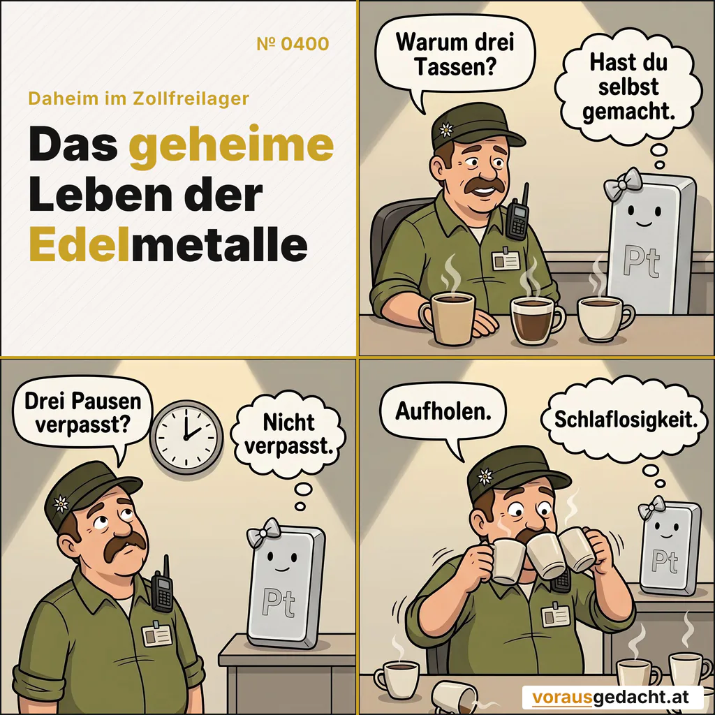 Drei Pausen plus drei Kaffee – keine ruhige Nacht in Sicht. Comic-Strip Nr. 0400: „Drei mal Kaffee“. Bild 1: Sepp sitzt am Schreibtisch, vor sich drei verschiedene Kaffeetassen, alle dampfend. Platinette steht im Regal. Sepp sagt: „Warum drei Tassen?“ Platinette denkt: „Hast du selbst gemacht.“ Bild 2: Sepp blickt zur Wanduhr, die deutlich 14:00 Uhr zeigt. Sepp sagt: „Drei Pausen verpasst?“ Platinette denkt: „Nicht verpasst.“ Bild 3: Sepp trinkt alle drei Tassen schnell hintereinander leer, die Augen weit aufgerissen, die Hände zittern leicht. Sepp sagt: „Aufholen.“ Platinette denkt: „Schlaflosigkeit.“