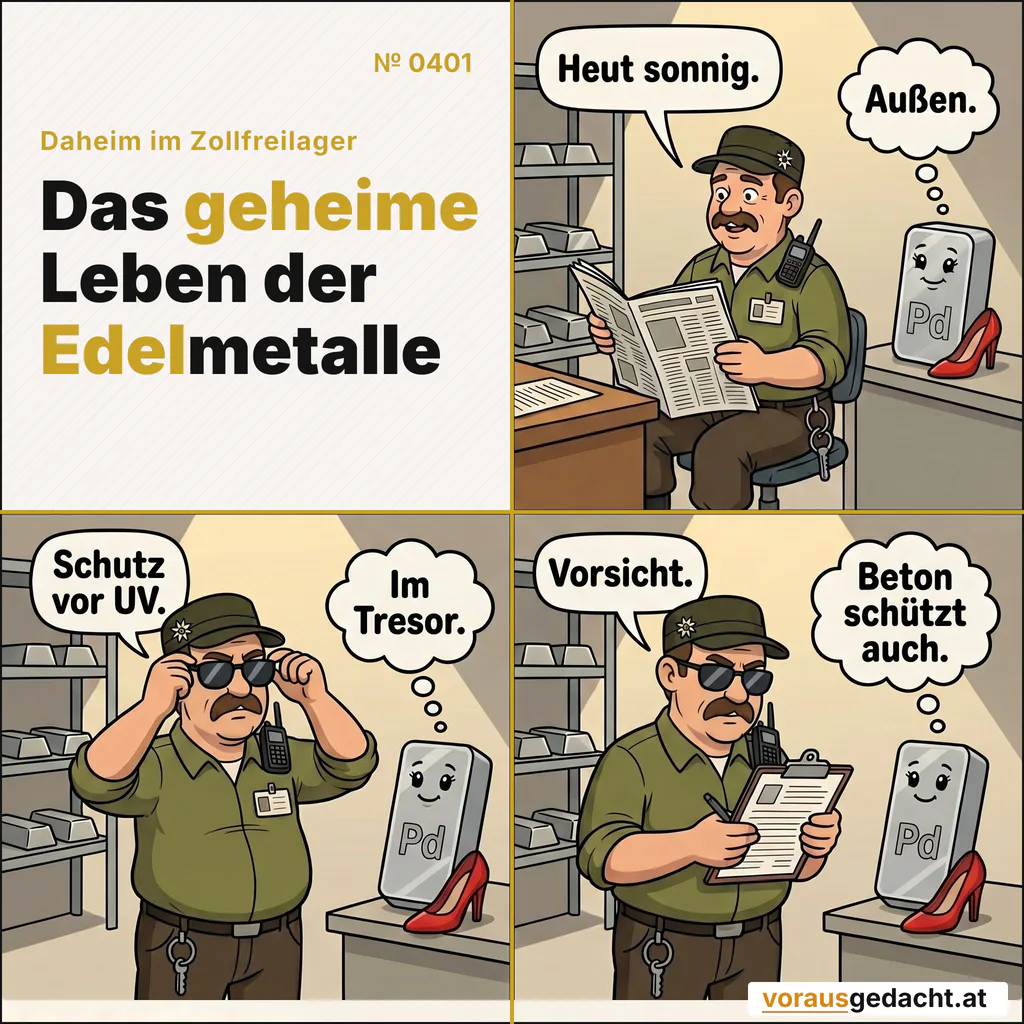 Sepps UV-Schutz ist im Tresor besonders bewährt. Comic-Strip Nr. 0401: „Heut sonnig“. Bild 1: Sepp liest am Schreibtisch eine zusammengefaltete Zeitung. Palladette steht im Regal. Sepp sagt: „Heut sonnig.“ Palladette denkt: „Außen.“ Bild 2: Sepp setzt mit großer Geste eine dunkle Sonnenbrille auf. Sepp sagt: „Schutz vor UV.“ Palladette denkt: „Im Tresor.“ Bild 3: Sepp prüft zufrieden mit Sonnenbrille ein Formular. Sepp sagt: „Vorsicht.“ Palladette denkt: „Beton schützt auch.“