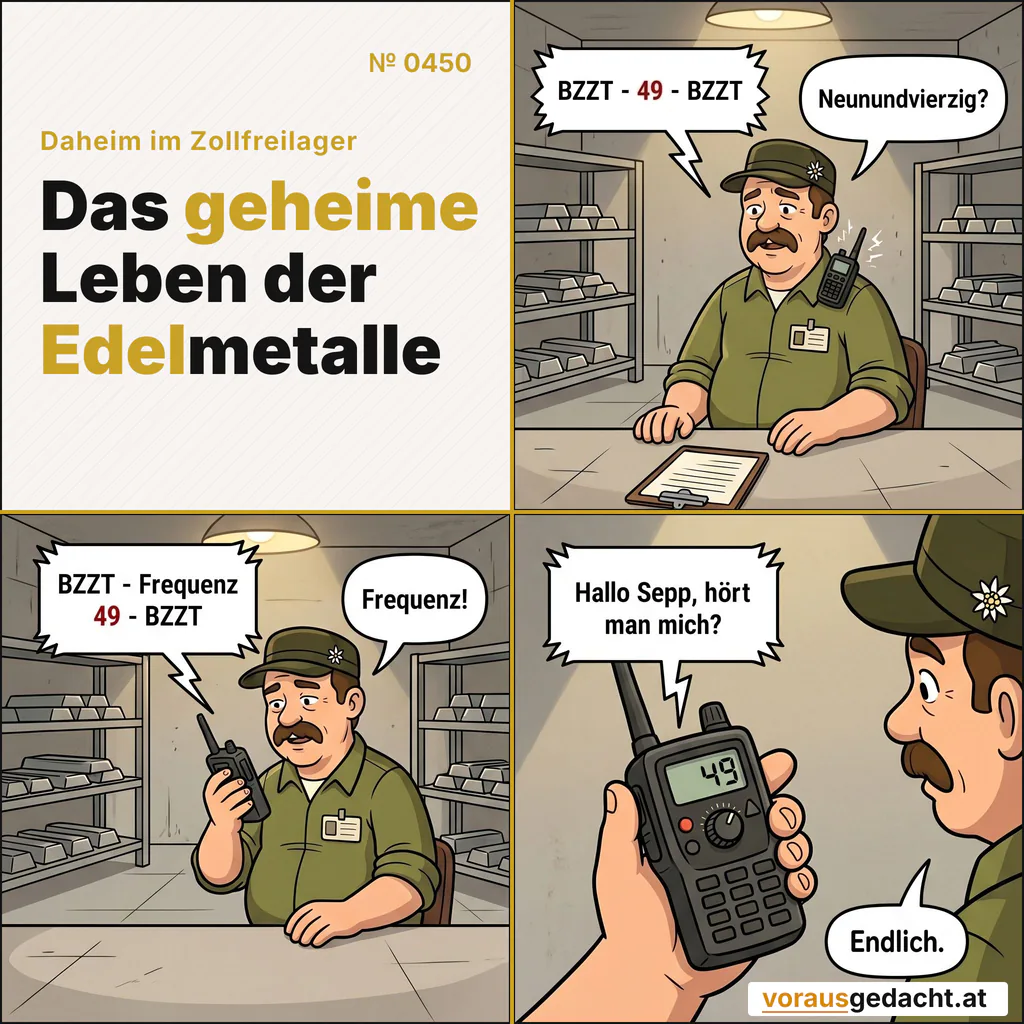 Manchmal liegt's am Frequenzregler. Sepp findet Kanal 49. Comic-Strip Nr. 0450: „Frequenz neunundvierzig“. Bild 1: Sepp am Schreibtisch, das Funkgerät an der Schulter knackt gedämpft. Der Chef funkt: „BZZT - 49 - BZZT“ Sepp sagt: „Neunundvierzig?“ Bild 2: Sepp nimmt das Funkgerät in die Hand und betrachtet ein kleines Drehrad daran. Der Chef funkt: „BZZT - Frequenz 49 - BZZT“ Sepp sagt: „Frequenz!“ Bild 3: Nahaufnahme des Funkgeräts: Das Rad steht sichtbar auf „49“. Das Gerät ist jetzt klar zu hören, kein Rauschen mehr. Der Chef funkt: „Hallo Sepp, hört man mich?“ Sepp sagt: „Endlich.“