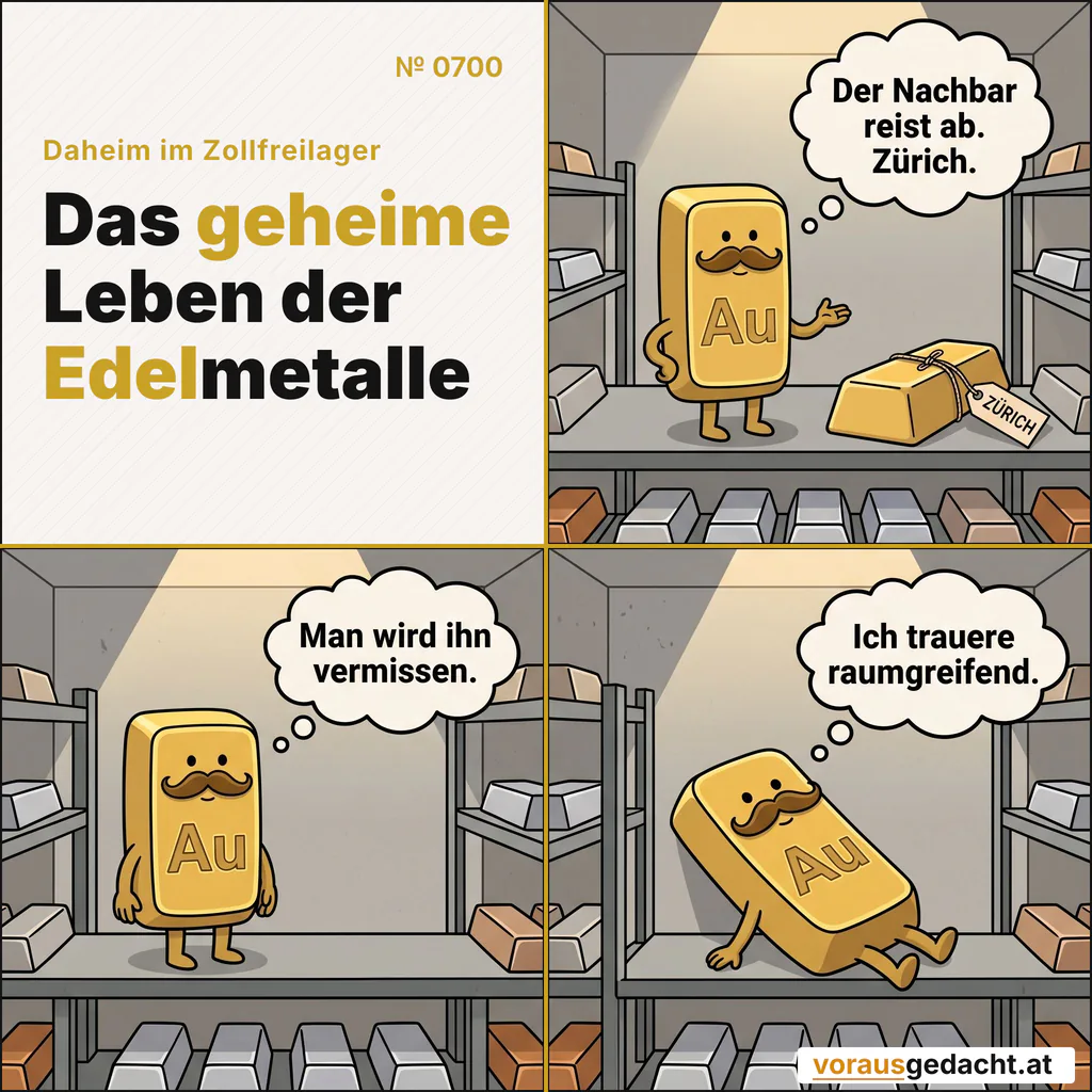 Goldberts Nachbar ist nach Zürich abgereist. Goldbert trauert – großzügig, in beide Richtungen. Comic-Strip Nr. 0700: „Trauerarbeit“. Bild 1: Goldbert in seinem Regal, kein Mensch da. Neben ihm steht ein schmuckloser goldfarbener Barren mit einem Papieranhänger, auf dem deutlich „ZÜRICH“ steht. Goldbert denkt: „Der Nachbar reist ab. Zürich.“ Bild 2: Gleiches Regal: Der Platz daneben ist leer, Barren und Anhänger sind weg. Goldbert steht unverändert an seiner alten Stelle, der Blick ernst. Goldbert denkt: „Man wird ihn vermissen.“ Bild 3: Gleiches Regal: Goldbert hat sich sichtlich in die Mitte des frei gewordenen Platzes geschoben und liegt dort in großzügiger Schräglage über beide Plätze. Der Blick bleibt ernst. Goldbert denkt: „Ich trauere raumgreifend.“