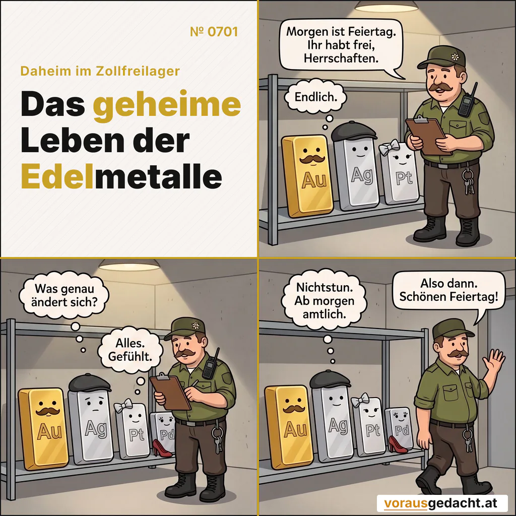 Sepp gibt den Barren einen Tag frei. Der Unterschied wird amtlich. Comic-Strip Nr. 0701: „Frei“. Bild 1: Sepp steht mit dem Klemmbrett vor dem Regal mit allen vier Barren und verkündet gut gelaunt etwas. Die vier stehen vollkommen reglos da. Sepp sagt: „Morgen ist Feiertag. Ihr habt frei, Herrschaften.“ Goldbert denkt: „Endlich.“ Bild 2: Gleiche Szene: Sepp prüft sein Klemmbrett. Die vier bleiben reglos, nur ihre Augen wandern zueinander. Platinette denkt: „Was genau ändert sich?“ Palladette denkt: „Alles. Gefühlt.“ Bild 3: Sepp winkt herzlich am Lagertor und ist im Begriff zu gehen. Die Barren stehen reglos im Regal. Sepp sagt: „Also dann. Schönen Feiertag!“ Silbert denkt: „Nichtstun. Ab morgen amtlich.“