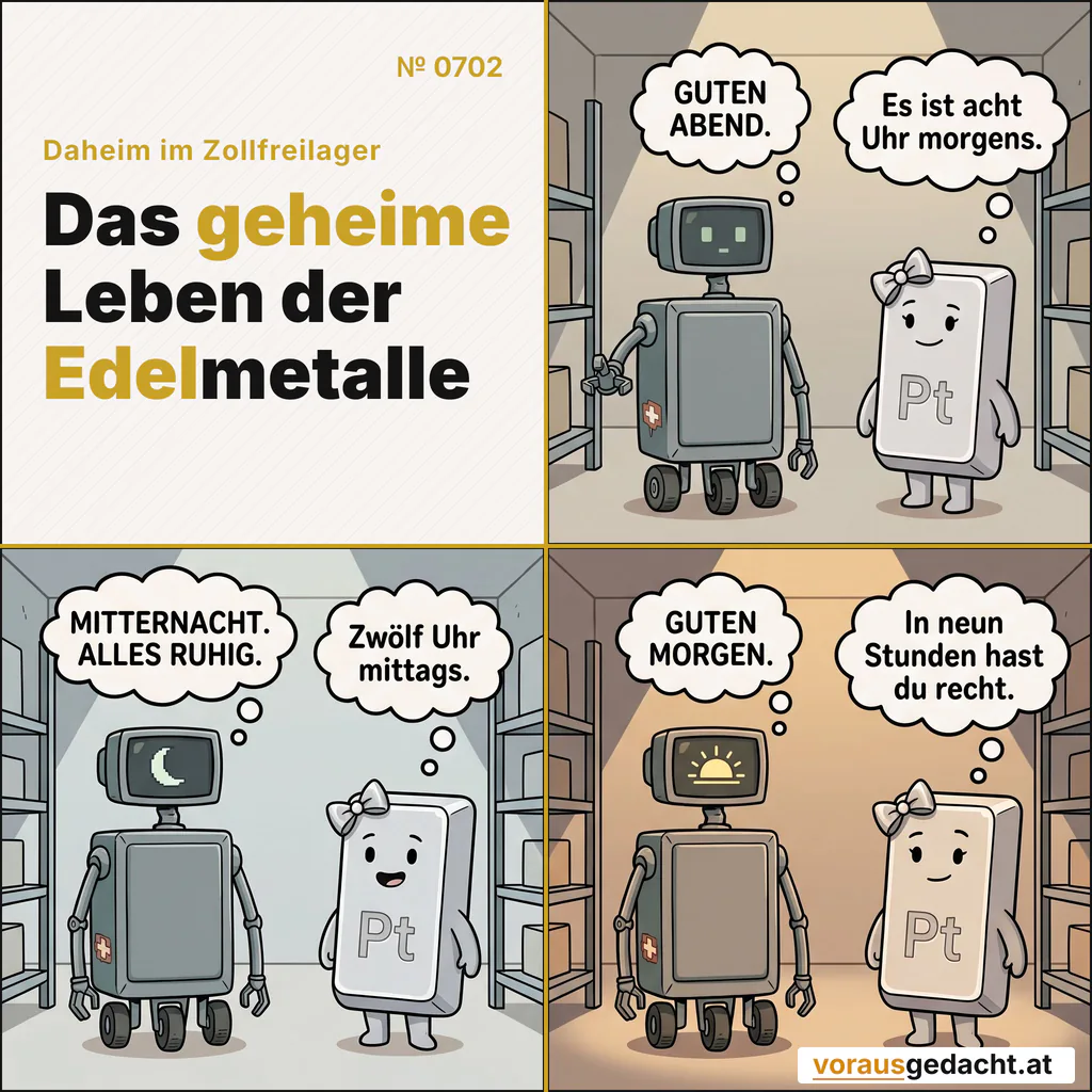 Rudis innere Uhr hat heute eine eigene Zeitzone. Platinette rechnet geduldig mit. Comic-Strip Nr. 0702: „Rudis Uhr“. Bild 1: Morgenlicht im Lager, kein Mensch da. Rudi steht neben Platinettes Regal, auf seinem Bildschirm steht in klobiger Schrift „GUTEN ABEND“. R-3000 denkt: „GUTEN ABEND.“ Platinette denkt: „Es ist acht Uhr morgens.“ Bild 2: Helles Mittagslicht, gleiche Aufstellung. Rudis Bildschirm zeigt ein klobiges Mondsymbol. R-3000 denkt: „MITTERNACHT. ALLES RUHIG.“ Platinette denkt: „Zwölf Uhr mittags.“ Bild 3: Warmes Abendlicht mit langen Schatten, gleiche Aufstellung. Rudis Bildschirm zeigt einen klobigen Sonnenaufgang. Platinette bleibt ruhig, eine Braue kaum merklich gehoben. R-3000 denkt: „GUTEN MORGEN.“ Platinette denkt: „In neun Stunden hast du recht.“