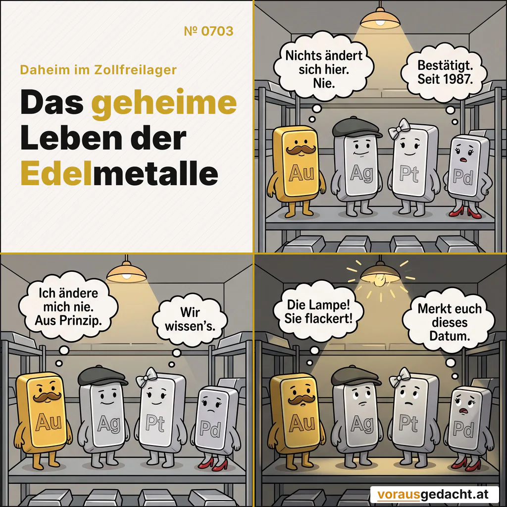 Im Lager ändert sich nichts. Bis die Lampe flackert. Ein historischer Tag. Comic-Strip Nr. 0703: „Die Lampe“. Bild 1: Alle vier Barren im Regal bei ruhigem, gleichmäßigem Licht, kein Mensch da. Alles steht still und ordentlich. Palladette denkt: „Nichts ändert sich hier. Nie.“ Platinette denkt: „Bestätigt. Seit 1987.“ Bild 2: Gleiche Szene, unverändert: Goldbert hebt stolz das Kinn, die anderen blicken in die Ferne. Goldbert denkt: „Ich ändere mich nie. Aus Prinzip.“ Silbert denkt: „Wir wissen's.“ Bild 3: Gleiche Szene, aber die Deckenlampe flackert sichtbar: gebrochene Lichtstrahlen, das halbe Regal im Schatten. Alle vier blicken hinauf. Palladette denkt: „Die Lampe! Sie flackert!“ Silbert denkt: „Merkt euch dieses Datum.“