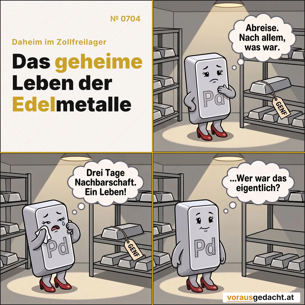 Palladette verabschiedet den Besuch aus Genf mit großem Gefühl und kleiner Erinnerung. Comic-Strip Nr. 0704: „Abschied von Genf“. Bild 1: Palladette in ihrem Regal neben einem schmucklosen Besucherbarren mit gut lesbarem Anhänger „GENF“. Kein Mensch da. Palladette steht in theatralischer Abschiedspose, einen kurzen Arm an der Brust. Palladette denkt: „Abreise. Nach allem, was war.“ Bild 2: Gleiche Szene: Palladette tupft sich mit einem winzigen weißen Tuch die Augen, ganz Drama, weit zurückgelehnt. Der Besucher daneben bleibt stumm und unbewegt. Palladette denkt: „Drei Tage Nachbarschaft. Ein Leben!“ Bild 3: Gleiches Regal: Der Platz des Besuchers ist leer. Palladette steht gefasst und aufrecht da, das Tuch verschwunden, vollkommen ruhig. Palladette denkt: „…Wer war das eigentlich?“