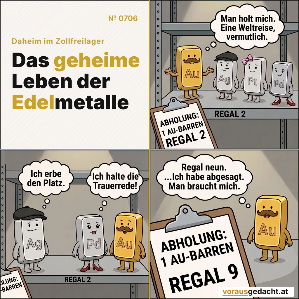 Ein Abholschein sorgt für Aufbruchstimmung. Bis Regal neun. Goldbert hat selbstverständlich abgesagt. Comic-Strip Nr. 0706: „Regal neun“. Bild 1: Die vier Barren in ihrem Regal, an der Regalkante das gemalte Schild „REGAL 2“. Daran lehnt ein Klemmbrett mit gut lesbarem Text: „ABHOLUNG: 1 AU-BARREN“. Kein Mensch da. Goldbert denkt: „Man holt mich. Eine Weltreise, vermutlich.“ Bild 2: Gleiche Szene: Palladette in großer Trauerpose mit erhobenem Arm, Silbert lehnt sich schon zu Goldberts Platz hinüber. Goldbert fühlt sich sichtlich geschmeichelt. Palladette denkt: „Ich halte die Trauerrede!“ Silbert denkt: „Ich erbe den Platz.“ Bild 3: Nahaufnahme der untersten Zeile auf dem Klemmbrett, groß und lesbar: „REGAL 9“. Im Hintergrund steht Goldbert wieder aufrecht, der Schnurrbart findet seine Locke zurück. Goldbert denkt: „Regal neun. …Ich habe abgesagt. Man braucht mich.“