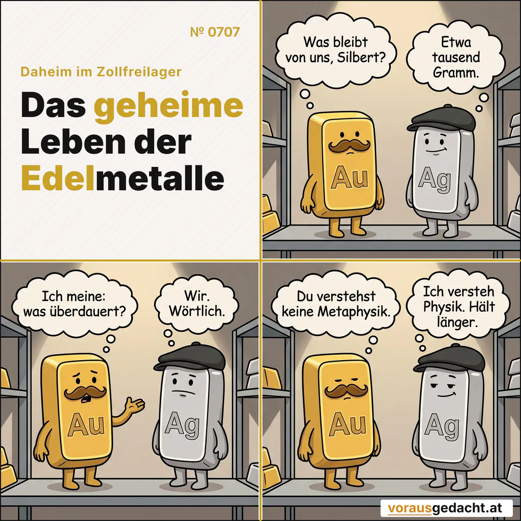 Goldbert fragt nach dem Bleibenden. Silbert antwortet in Gramm. Comic-Strip Nr. 0707: „Physik hält länger“. Bild 1: Goldbert und Silbert allein im Regal, kein Mensch da. Goldbert blickt philosophisch in die Ferne, Silbert lehnt entspannt mit schief sitzender Kappe. Goldbert denkt: „Was bleibt von uns, Silbert?“ Silbert denkt: „Etwa tausend Gramm.“ Bild 2: Gleiche Szene: Goldbert wendet sich mit gequältem Gesichtsausdruck zu Silbert, einen kurzen Arm im Vortragsmodus erhoben. Silbert bleibt unbewegt. Goldbert denkt: „Ich meine: was überdauert?“ Silbert denkt: „Wir. Wörtlich.“ Bild 3: Gleiche Szene: Goldbert hat sich resigniert abgewandt. Silbert ist zufrieden, die Augen halb geschlossen. Goldbert denkt: „Du verstehst keine Metaphysik.“ Silbert denkt: „Ich versteh Physik. Hält länger.“