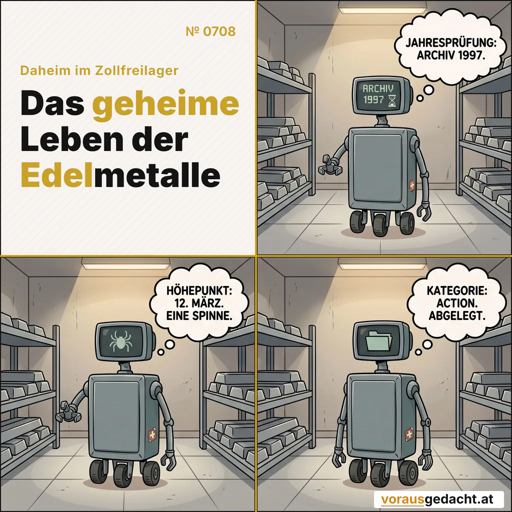 Rudi prüft das Archivjahr 1997. Höhepunkt: eine Spinne im März. Kategorie: Action. Comic-Strip Nr. 0708: „Jahresrückblick 1997“. Bild 1: Rudi allein im Lagergang, kein Mensch da. Auf seinem Bildschirm steht in klobiger Schrift „ARCHIV 1997“ mit einem kleinen Sanduhr-Symbol. R-3000 denkt: „JAHRESPRÜFUNG: ARCHIV 1997.“ Bild 2: Gleiche Stelle: Rudis Bildschirm zeigt eine klobige Pixelzeichnung einer kleinen Spinne. R-3000 denkt: „HÖHEPUNKT: 12. MÄRZ. EINE SPINNE.“ Bild 3: Gleiche Stelle: Auf Rudis Bildschirm klappt ein klobiges Ordnersymbol zu. Rudi steht aufrecht, die Pflicht ist erfüllt. R-3000 denkt: „KATEGORIE: ACTION. ABGELEGT.“