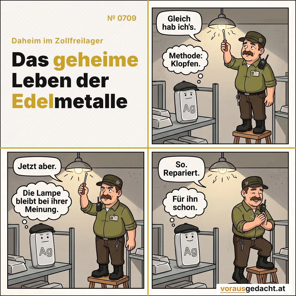 Sepp repariert die Lampe mit bewährtem Klopfen. Für ihn funktioniert sie wieder. Comic-Strip Nr. 0709: „Repariert“. Bild 1: Sepp steht auf einem Hocker und klopft mit dem Schraubenziehergriff gegen eine flackernde Deckenlampe. Silbert steht reglos im Regal darunter. Die Lampe flackert in gebrochenen Lichtstrahlen. Sepp sagt: „Gleich hab ich's.“ Silbert denkt: „Methode: Klopfen.“ Bild 2: Gleiche Szene: Sepp klopft entschlossener. Die Lampe flackert genau wie zuvor. Sepp sagt: „Jetzt aber.“ Silbert denkt: „Die Lampe bleibt bei ihrer Meinung.“ Bild 3: Sepp steigt zufrieden vom Hocker und klopft sich die Hände ab. Die Lampe über ihm flackert unverändert weiter. Silbert schaut ausdruckslos. Sepp sagt: „So. Repariert.“ Silbert denkt: „Für ihn schon.“