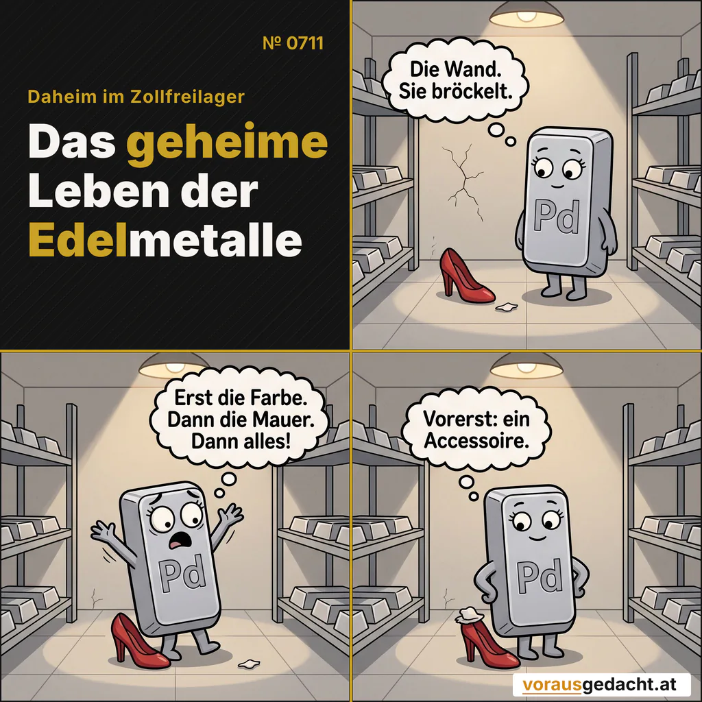 Die Wand verliert eine Farbschuppe. Palladette verliert kurz die Fassung und erhält ein Accessoire. Comic-Strip Nr. 0711: „Das Accessoire“. Bild 1: Palladette allein in ihrem Regal, kein Mensch da. Neben ihrem roten Schuh liegt ein kleiner heller Farbsplitter; darüber ist ein feiner Riss im Wandanstrich zu sehen. Palladette denkt: „Die Wand. Sie bröckelt.“ Bild 2: Gleiche Szene: Palladette in voller Dramapose, beide kurzen Arme hochgerissen, die Augen riesig, den Blick auf den winzigen Splitter geheftet. Palladette denkt: „Erst die Farbe. Dann die Mauer. Dann alles!“ Bild 3: Gleiche Szene: Der Farbsplitter sitzt jetzt ordentlich auf ihrem roten Schuh wie ein winziges Hütchen. Palladette betrachtet ihn vollkommen gelassen. Palladette denkt: „Vorerst: ein Accessoire.“