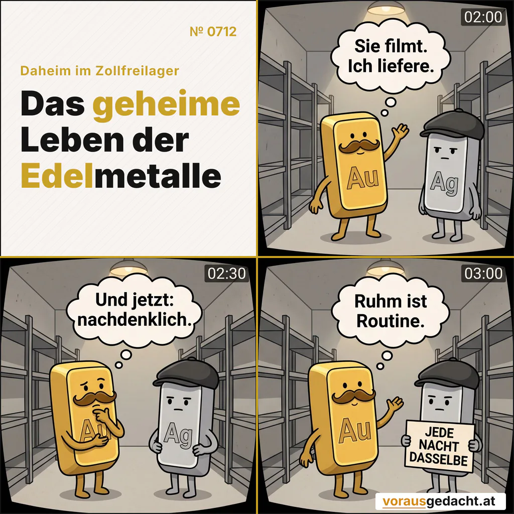 Kamera 47 dokumentiert Goldberts Nachtprogramm. Silbert dokumentiert die Häufigkeit. Comic-Strip Nr. 0712: „Nachtprogramm“. Bild 1: Blick der Überwachungskamera mit leichter Fischaugenverzerrung, in der Ecke die Zeit 02:00. Goldbert steht mitten im Gang in großer Pose, einen kurzen Arm hoch erhoben. Silbert steht schmucklos daneben und ist unbeeindruckt. Goldbert denkt: „Sie filmt. Ich liefere.“ Bild 2: Gleicher Blick, 02:30. Goldbert in einer anderen dramatischen Pose, das Kinn auf einen Arm gestützt, das Profil zur Linse. Silbert hält jetzt ein kleines leeres Schild an seiner Seite. Goldbert denkt: „Und jetzt: nachdenklich.“ Bild 3: Gleicher Blick, 03:00. Silbert hält das Schild in die Kamera, groß und lesbar: „JEDE NACHT DASSELBE“. Goldbert posiert weiter und merkt nichts. Goldbert denkt: „Ruhm ist Routine.“
