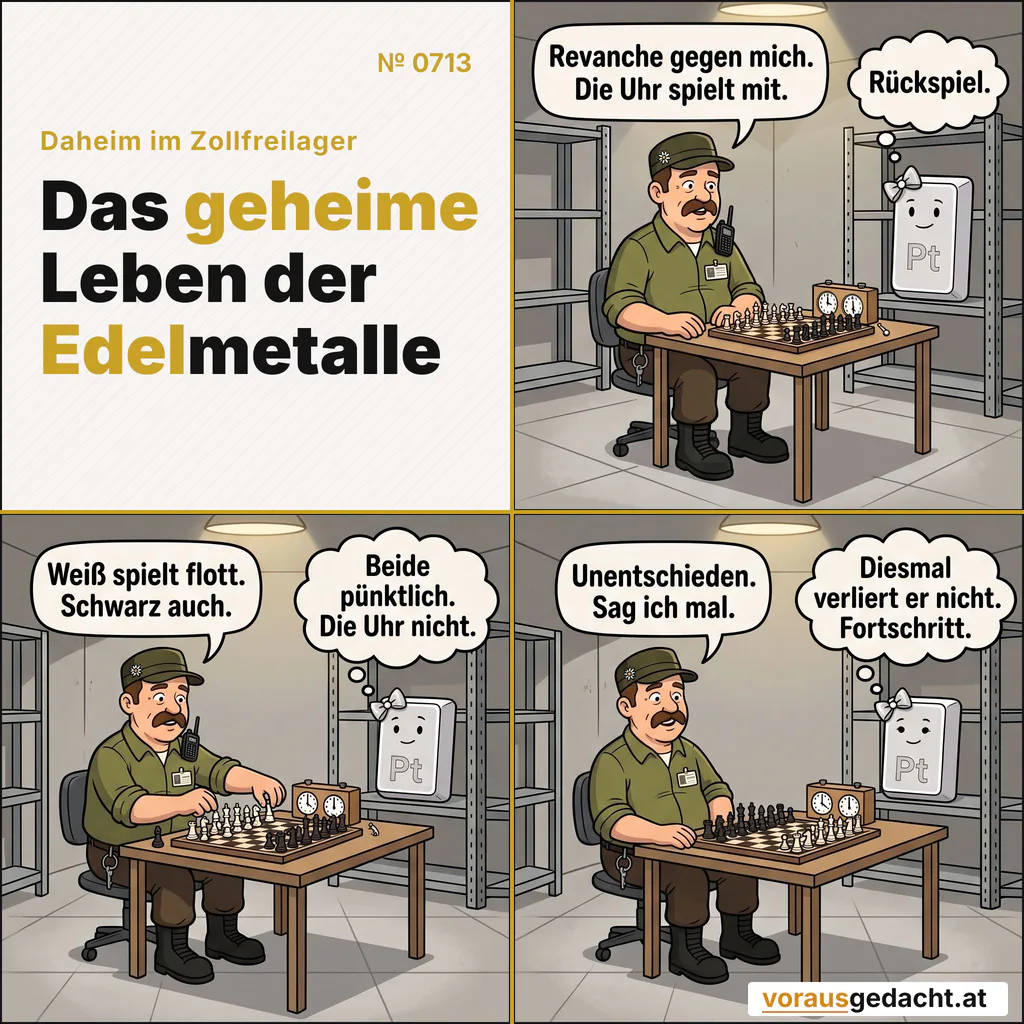 Revanche im Schach gegen sich selbst, diesmal mit kaputter Uhr. Unentschieden – ein Fortschritt. Comic-Strip Nr. 0713: „Revanche“. Bild 1: Sepp sitzt am Schreibtisch vor einem Schachbrett und einer alten Schachuhr, an der ein Zeiger sichtbar lose herabhängt. Platinette steht reglos im Regal dahinter. Sepp sagt: „Revanche gegen mich. Die Uhr spielt mit.“ Platinette denkt: „Rückspiel.“ Bild 2: Sepp mitten in der Partie: Mit der einen Hand zieht er eine weiße Figur, mit der anderen greift er schon nach einer schwarzen. Die kaputte Uhr unverändert. Sepp sagt: „Weiß spielt flott. Schwarz auch.“ Platinette denkt: „Beide pünktlich. Die Uhr nicht.“ Bild 3: Auf dem Brett steht eine beendete Stellung. Sepp lehnt sich zufrieden zurück. Die kaputte Uhr unverändert. Platinette lächelt kaum merklich. Sepp sagt: „Unentschieden. Sag ich mal.“ Platinette denkt: „Diesmal verliert er nicht. Fortschritt.“