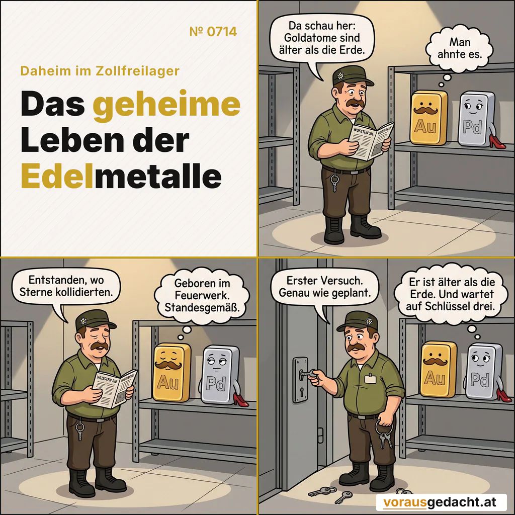 Jedes Goldatom ist älter als die Erde – entstanden bei Sternkollisionen. Sepps Schlüsselbund arbeitet in kürzeren Zeiträumen. Comic-Strip Nr. 0714: „Älter als die Erde“. Bild 1: Sepp steht am Regal und liest laut aus einem kleinen Heft mit dem Titel „WUSSTEN SIE“ vor. Goldbert und Palladette stehen reglos im Regal. Sepp sagt: „Da schau her: Goldatome sind älter als die Erde.“ Goldbert denkt: „Man ahnte es.“ Bild 2: Gleiche Szene: Sepp liest beeindruckt weiter. Goldberts Schnurrbart ist majestätisch gezwirbelt, die Augen selig geschlossen. Palladette verdreht die Augen zur Seite. Sepp sagt: „Entstanden, wo Sterne kollidierten.“ Goldbert denkt: „Geboren im Feuerwerk. Standesgemäß.“ Bild 3: Sepp steht am Lagertor und nestelt am Schlüsselbund; zwei aussortierte Schlüssel liegen deutlich sichtbar vor seinen Füßen, einen dritten hält er in der Hand. Im Hintergrund stehen beide Barren reglos im Regal. Sepp sagt: „Erster Versuch. Genau wie geplant.“ Palladette denkt: „Er ist älter als die Erde. Und wartet auf Schlüssel drei.“