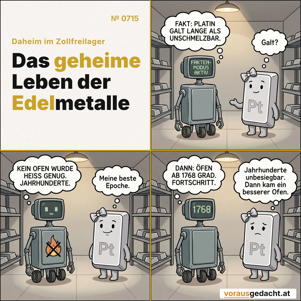 Platin galt lange als unschmelzbar – kein Ofen wurde heiß genug. Dann kam der Fortschritt. Bei 1768 Grad. Comic-Strip Nr. 0715: „Ein besserer Ofen“. Bild 1: Rudi steht neben Platinettes Regal, kein Mensch da. Auf seinem Bildschirm steht in klobigen Pixeln „FAKTEN-MODUS AKTIV“. Platinette hört aufmerksam zu. R-3000 denkt: „FAKT: PLATIN GALT LANGE ALS UNSCHMELZBAR.“ Platinette denkt: „Galt?“ Bild 2: Gleiche Szene: Auf Rudis Brustplatte leuchtet ein durchgestrichenes klobiges Flammensymbol, sein Bildschirm zeigt wieder das neutrale Gesicht. Platinette blickt still stolz in die Ferne. R-3000 denkt: „KEIN OFEN WURDE HEISS GENUG. JAHRHUNDERTE.“ Platinette denkt: „Meine beste Epoche.“ Bild 3: Gleiche Szene: Rudis Bildschirm zeigt die klobige Zahl 1768. Platinettes Blick senkt sich ein wenig, wehmütig, aber gefasst. R-3000 denkt: „DANN: ÖFEN AB 1768 GRAD. FORTSCHRITT.“ Platinette denkt: „Jahrhunderte unbesiegbar. Dann kam ein besserer Ofen.“