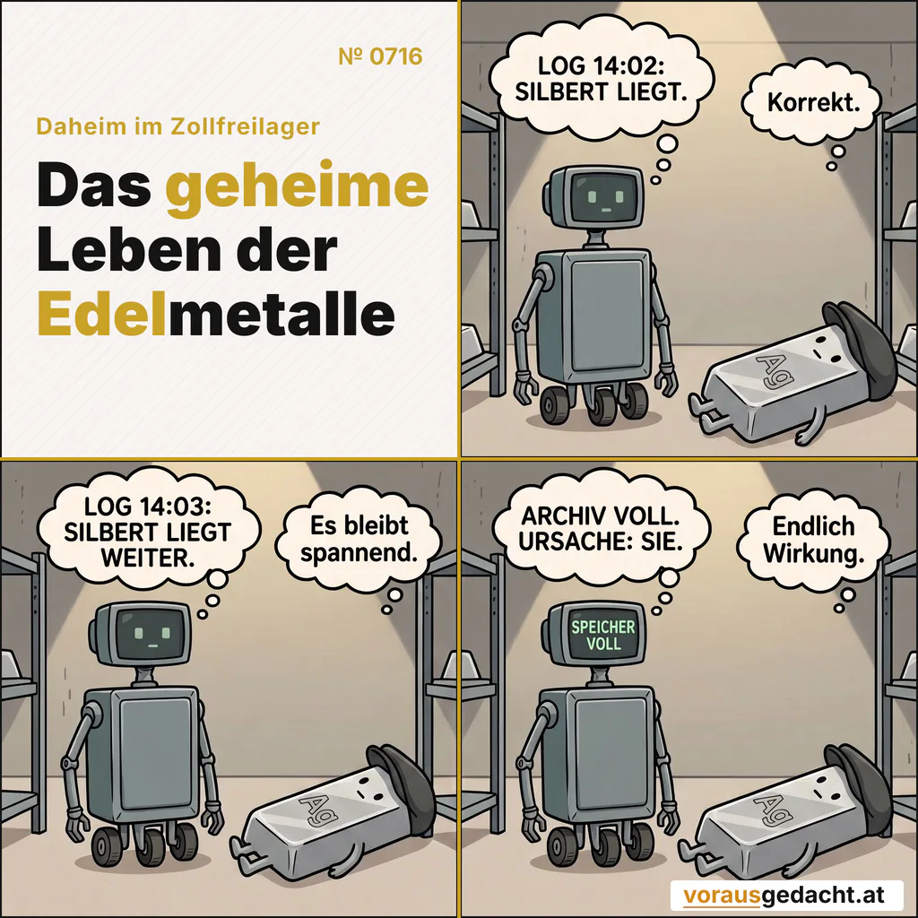 Rudi protokolliert Silberts Tag im Minutentakt. Nach dreißig Jahren ist das Archiv voll. Comic-Strip Nr. 0716: „Archiv voll“. Bild 1: Rudi steht direkt vor Silberts Regal, kein Mensch da. Sein Bildschirm zeigt eine laufende Protokollzeile. Silbert steht entspannt da. R-3000 denkt: „LOG 14:02: SILBERT LIEGT.“ Silbert denkt: „Korrekt.“ Bild 2: Gleiche Szene eine Minute später: Rudi unverändert, auf dem Bildschirm eine neue Protokollzeile. Silbert in exakt derselben Haltung. R-3000 denkt: „LOG 14:03: SILBERT LIEGT WEITER.“ Silbert denkt: „Es bleibt spannend.“ Bild 3: Gleiche Szene: Auf Rudis Bildschirm blinkt groß und klobig „SPEICHER VOLL“. Silbert bleibt unbewegt und schaut ausdruckslos. R-3000 denkt: „ARCHIV VOLL. URSACHE: SIE.“ Silbert denkt: „Endlich Wirkung.“