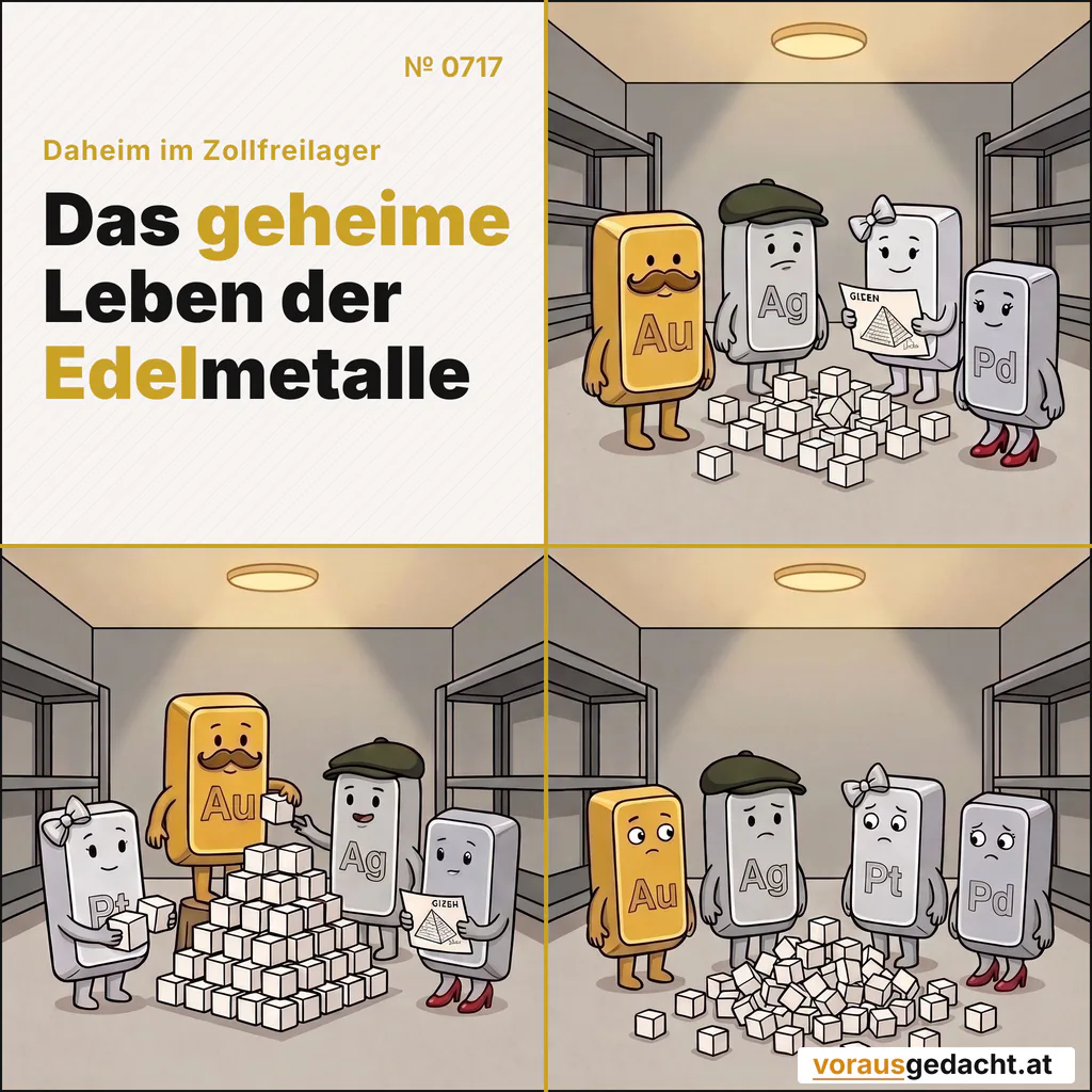 Vier Barren, ein Bauplan, eine Epoche. Die Baukunst der Antike bleibt vorerst unerreicht. Comic-Strip Nr. 0717: „Gizeh“. Bild 1: Lagerboden, kein Mensch da. Die vier Barren stehen um einen ordentlichen Haufen weißer Zuckerwürfel und einen kleinen Bauplan, auf dem eine Pyramide mit der Beschriftung „GIZEH“ skizziert ist. Platinette hält den Plan, die anderen betrachten den Haufen. Bild 2: Gleiche Stelle: Zwischen ihnen wächst eine Stufenpyramide aus Zuckerwürfeln. Alle vier bauen mit: Goldbert steht auf einem Hocker und setzt oben einen Würfel an, Silbert reicht ihn ihm hin, Platinette trägt den nächsten heran, Palladette hält den Plan. Bild 3: Gleiche Stelle: Die Pyramide ist eingestürzt, die Zuckerwürfel liegen weit verstreut. Die vier stehen unschuldig nebeneinander vor dem Haufen, die Augen zur Seite gewandert.