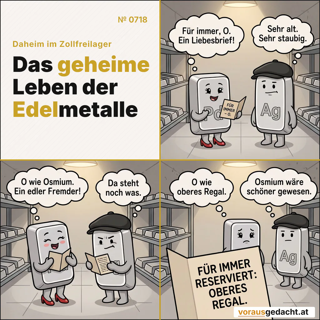 Ein staubiges Kärtchen verspricht ewige Liebe. Oder einen Regalplatz. Je nach Lesart. Comic-Strip Nr. 0718: „Für immer, O.“. Bild 1: Palladette und Silbert im Regal, kein Mensch da. Zwischen ihnen liegt eine kleine verstaubte, gefaltete Karte; auf der Vorderseite steht lesbar „FÜR IMMER – O.“. Palladette hält sie verzückt mit einem kurzen Arm. Palladette denkt: „Für immer, O. Ein Liebesbrief!“ Silbert denkt: „Sehr alt. Sehr staubig.“ Bild 2: Gleiche Szene: Palladette schwelgt, die Karte an sich gedrückt. Silbert beugt sich näher und kneift die Augen zum Kleingedruckten zusammen. Palladette denkt: „O wie Osmium. Ein edler Fremder!“ Silbert denkt: „Da steht noch was.“ Bild 3: Nahaufnahme der ganz aufgefalteten Karte, groß lesbar: „FÜR IMMER RESERVIERT: OBERES REGAL“. Palladettes Blick geht in die Ferne, Silbert schaut ausdruckslos. Silbert denkt: „O wie oberes Regal.“ Palladette denkt: „Osmium wäre schöner gewesen.“