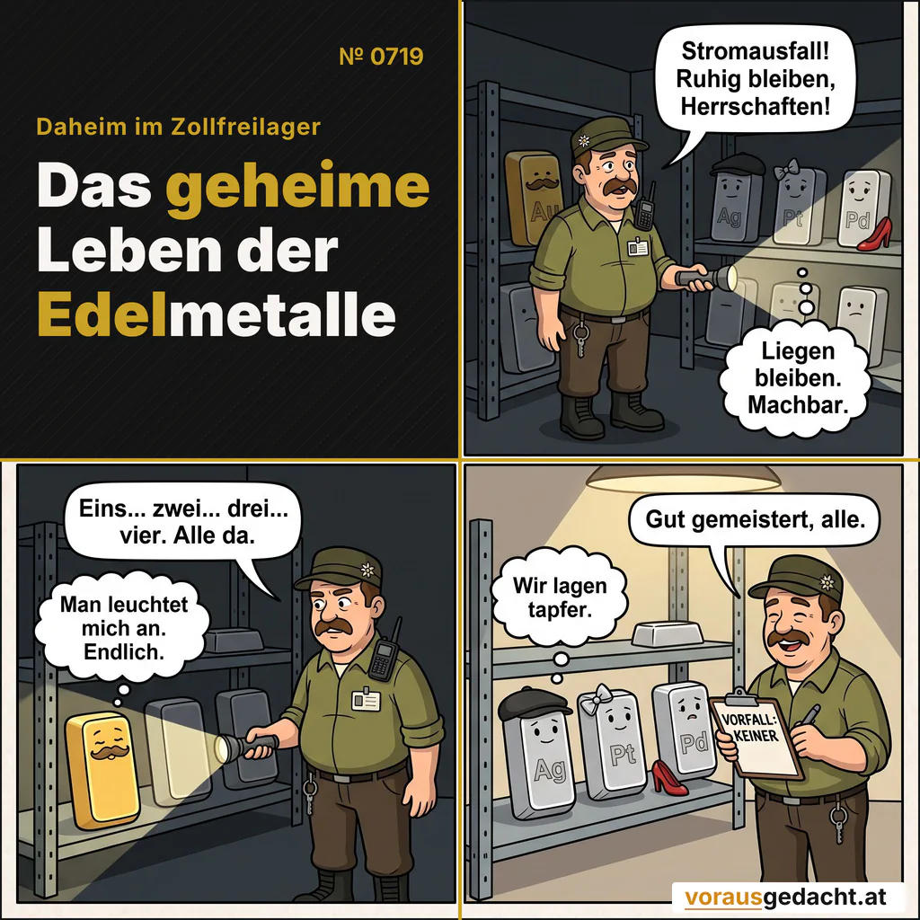 Stromausfall im Lager. Alle vier liegen tapfer durch. Vorfall: keiner. Comic-Strip Nr. 0719: „Vier von vier“. Bild 1: Dunkles Lager im Notlicht. Sepp leuchtet mit einer Taschenlampe durch das Dunkel. Die vier Barren sind nur als reglose Silhouetten im Regal zu erkennen. Sepp sagt: „Stromausfall! Ruhig bleiben, Herrschaften!“ Silbert denkt: „Liegen bleiben. Machbar.“ Bild 2: Sepp führt den Lichtkegel zählend von Barren zu Barren. Gerade liegt er ganz auf Goldbert, der reglos, aber mit seligen Augen dasteht. Sepp sagt: „Eins… zwei… drei… vier. Alle da.“ Goldbert denkt: „Man leuchtet mich an. Endlich.“ Bild 3: Das Licht ist wieder an. Sepp schreibt auf sein Klemmbrett, groß und lesbar: „VORFALL: KEINER“. Die vier Barren stehen reglos und ordentlich im Regal. Sepp sagt: „Gut gemeistert, alle.“ Silbert denkt: „Wir lagen tapfer.“