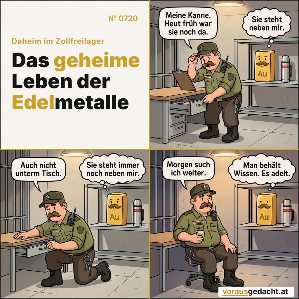 Sepps Thermoskanne ist den ganzen Tag verschwunden. Sie steht neben Goldbert. Er behält es für sich. Comic-Strip Nr. 0720: „Die Kanne“. Bild 1: Morgenlicht. Sepp durchwühlt seine Schreibtischschubladen, die Mütze schief. Im Regal steht Goldbert reglos – und direkt neben ihm, gut sichtbar, Sepps silberne Thermoskanne mit dem roten Streifen. Sepp sagt: „Meine Kanne. Heut früh war sie noch da.“ Goldbert denkt: „Sie steht neben mir.“ Bild 2: Mittagslicht. Sepp sucht auf den Knien unter dem Schreibtisch. Die Kanne steht unverändert glänzend neben Goldbert im Regal. Sepp sagt: „Auch nicht unterm Tisch.“ Goldbert denkt: „Sie steht immer noch neben mir.“ Bild 3: Abendlicht. Sepp sitzt resigniert mit einem Pappbecher am Schreibtisch. Die Kanne steht immer noch neben Goldbert und fängt das letzte Licht. Goldbert bleibt reglos und gelassen. Sepp sagt: „Morgen such ich weiter.“ Goldbert denkt: „Man behält Wissen. Es adelt.“