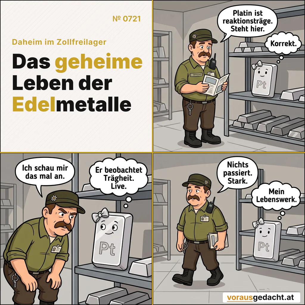 Platin ist reaktionsträge. Sepp überprüft das durch Zuschauen. Es passiert verlässlich nichts. Comic-Strip Nr. 0721: „Nichts passiert“. Bild 1: Sepp steht mit einem kleinen Heft an Platinettes Regal und liest darin. Platinette steht reglos da. Sepp sagt: „Platin ist reaktionsträge. Steht hier.“ Platinette denkt: „Korrekt.“ Bild 2: Sepp beugt sich mit den Händen auf den Knien ganz dicht zu Platinette und beobachtet sie aufmerksam. Platinette bleibt völlig unverändert. Sepp sagt: „Ich schau mir das mal an.“ Platinette denkt: „Er beobachtet Trägheit. Live.“ Bild 3: Sepp geht zufrieden weiter, das Heft unter dem Arm. Platinette steht im Regal, genau wie zuvor. Sepp sagt: „Nichts passiert. Stark.“ Platinette denkt: „Mein Lebenswerk.“
