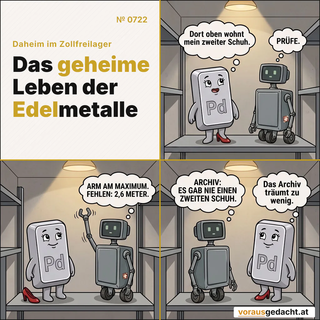 Palladette glaubt an den zweiten Schuh im obersten Regal. Rudis Archiv nicht. Das Archiv träumt zu wenig. Comic-Strip Nr. 0722: „Der zweite Schuh“. Bild 1: Palladette blickt aus ihrem Regal zu einem weit oben liegenden Regalbrett hinauf, kein Mensch da. Rudi steht aufmerksam neben ihr. Ihr einzelner roter Schuh steht links an ihrem Fuß. Palladette denkt: „Dort oben wohnt mein zweiter Schuh.“ R-3000 denkt: „PRÜFE.“ Bild 2: Gleiche Szene: Rudis zitternder Greifarm ist ganz nach oben ausgefahren – und bleibt komisch weit unter dem obersten Brett. R-3000 denkt: „ARM AM MAXIMUM. FEHLEN: 2,6 METER.“ Bild 3: Gleiche Szene: Rudis Arm ist wieder eingefahren. Palladette blickt unbeirrt und verträumt weiter nach oben. R-3000 denkt: „ARCHIV: ES GAB NIE EINEN ZWEITEN SCHUH.“ Palladette denkt: „Das Archiv träumt zu wenig.“
