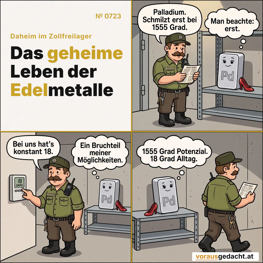 Palladium schmilzt erst bei 1555 Grad. Das Lager hat konstant 18. Palladette kennt das Gefühl. Comic-Strip Nr. 0723: „18 Grad“. Bild 1: Sepp liest an Palladettes Regal von einem kleinen Datenblatt ab. Palladette steht reglos da. Sepp sagt: „Palladium. Schmilzt erst bei 1555 Grad.“ Palladette denkt: „Man beachte: erst.“ Bild 2: Sepp steht am Wandthermostat, dessen Anzeige deutlich „18 GRAD“ zeigt. Palladette im Hintergrund reglos im Regal. Sepp sagt: „Bei uns hat's konstant 18.“ Palladette denkt: „Ein Bruchteil meiner Möglichkeiten.“ Bild 3: Sepp geht mit dem Datenblatt davon. Palladette blickt in die Ferne, still dramatisch. Palladette denkt: „1555 Grad Potenzial. 18 Grad Alltag.“