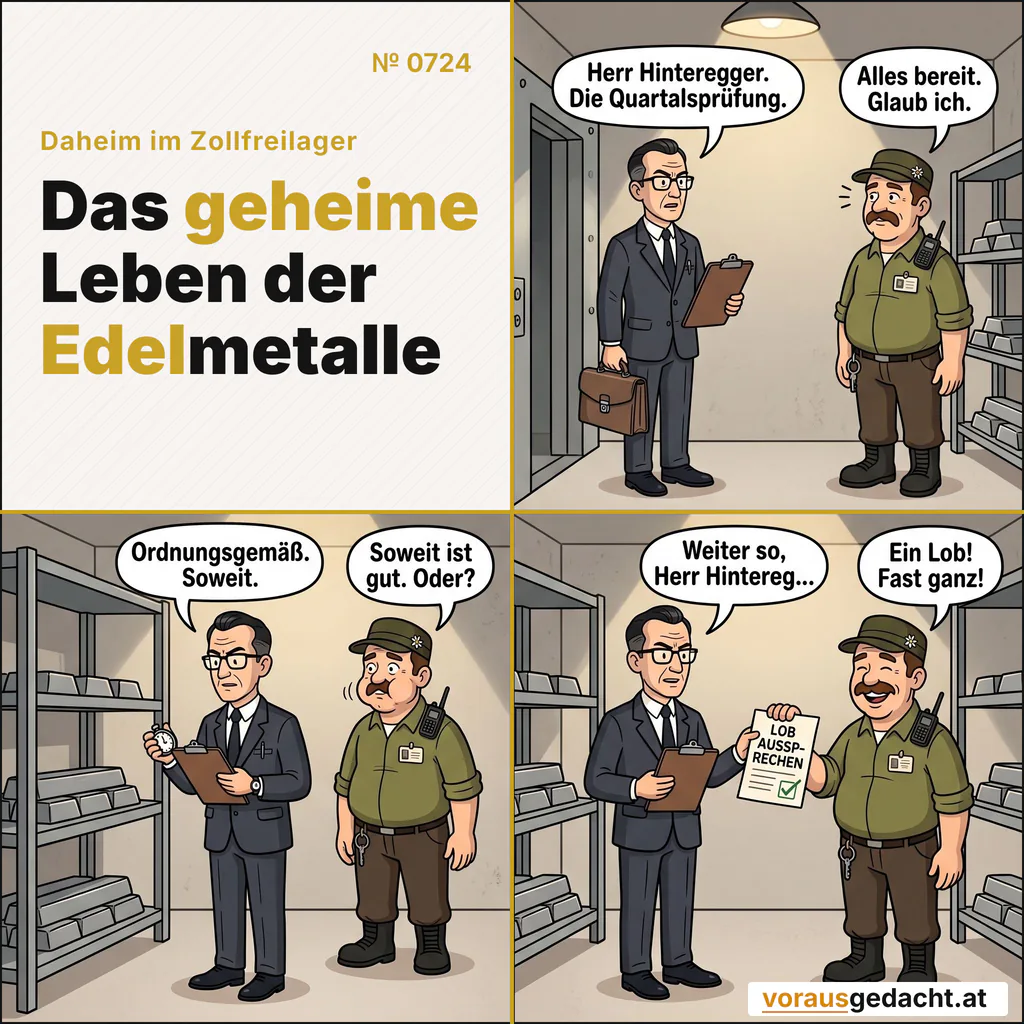 Inspektor Meyer prüft das Quartal. Ein Lob steht auf seiner Liste. Es wird ordnungsgemäß erteilt. Comic-Strip Nr. 0724: „Lob: erledigt“. Bild 1: Inspektor Meyer steht im tadellosen Anzug mit seiner Ledermappe im Lagertor. Sepp steht stramm, die Mütze hastig gerichtet. Inspektor Meyer sagt: „Herr Hinteregger. Die Quartalsprüfung.“ Sepp sagt: „Alles bereit. Glaub ich.“ Bild 2: Meyer prüft mit der Stoppuhr in der Hand ein Regal und notiert etwas. Sepp steht angespannt dahinter und hält die Luft an. Inspektor Meyer sagt: „Ordnungsgemäß. Soweit.“ Sepp sagt: „Soweit ist gut. Oder?“ Bild 3: Meyer überreicht Sepp ein gestempeltes Blatt. In seiner offenen Mappe ist eine Checkliste zu sehen, eine Zeile groß und lesbar: „LOB AUSSPRECHEN“, mit deutlichem Häkchen. Sepp strahlt. Inspektor Meyer sagt: „Weiter so, Herr Hintereg…“ Sepp sagt: „Ein Lob! Fast ganz!“