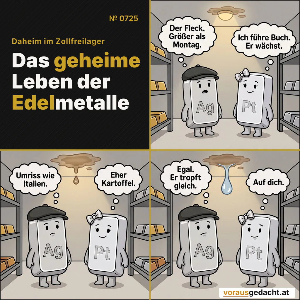 Über Silbert wächst ein Wasserfleck. Platinette führt Buch und berechnet die Flugbahn. Comic-Strip Nr. 0725: „Der Fleck“. Bild 1: Silbert und Platinette blicken aus dem Regal nach oben, kein Mensch da. An der Decke direkt über Silbert ist ein brauner Wasserfleck zu sehen. Silbert denkt: „Der Fleck. Größer als Montag.“ Platinette denkt: „Ich führe Buch. Er wächst.“ Bild 2: Gleiche Szene: Der Fleck ist sichtbar größer und dunkler, in seiner Mitte bildet sich ein Tropfen. Beide betrachten ihn wie ein Kunstwerk. Platinette denkt: „Umriss wie Italien.“ Silbert denkt: „Eher Kartoffel.“ Bild 3: Gleiche Szene: Ein großer glänzender Tropfen hängt am Fleck, direkt über Silbert, kurz vor dem Fallen. Platinette bleibt ruhig, Silbert schaut senkrecht nach oben. Silbert denkt: „Egal. Er tropft gleich.“ Platinette denkt: „Auf dich.“