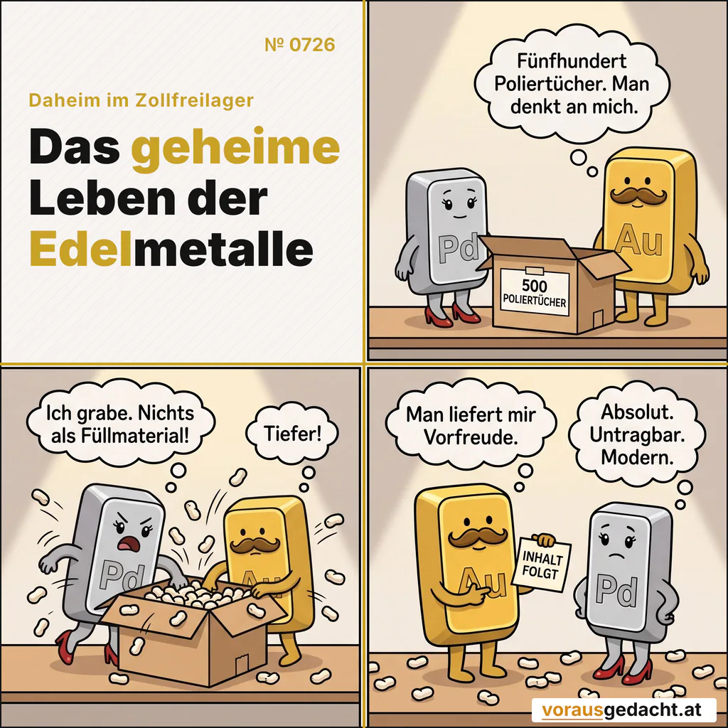 Fünfhundert Poliertücher bestellt. Geliefert: Füllmaterial und ein Versprechen. Comic-Strip Nr. 0726: „Inhalt folgt“. Bild 1: Ein geöffnetes Paket steht im Regal zwischen Goldbert und Palladette, kein Mensch da. Auf dem Karton klebt ein Lieferschein, groß lesbar: „500 POLIERTÜCHER“. Goldbert denkt: „Fünfhundert Poliertücher. Man denkt an mich.“ Bild 2: Beide wühlen mit kurzen Armen im Karton, Füllmaterial fliegt in alle Richtungen. Der Karton enthält sichtbar nichts als Füllmaterial. Palladette denkt: „Ich grabe. Nichts als Füllmaterial!“ Goldbert denkt: „Tiefer!“ Bild 3: Goldbert hält einen einzelnen kleinen Zettel vom Kartonboden hoch, groß lesbar: „INHALT FOLGT“. Das Füllmaterial liegt über das ganze Regal verstreut. Goldbert denkt: „Man liefert mir Vorfreude.“ Palladette denkt: „Absolut. Untragbar. Modern.“