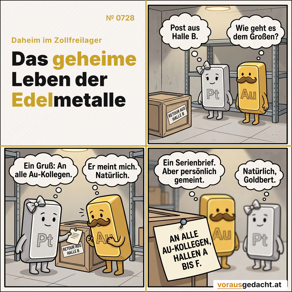 Grüße aus Halle B an alle Au-Kollegen der Hallen A bis F. Goldbert fühlt sich persönlich gemeint. Comic-Strip Nr. 0728: „Serienbrief“. Bild 1: Eine Transportkiste neben dem Regal, darauf ein Aufkleber mit gut lesbarem „RETOUR AUS HALLE B“. Platinette und Goldbert schauen aus dem Regal darauf, kein Mensch da. Platinette denkt: „Post aus Halle B.“ Goldbert denkt: „Wie geht es dem Großen?“ Bild 2: Gleiche Szene: Platinette greift mit einem kurzen Arm nach einem kleinen Zettel an der Kiste und liest ihn. Goldbert beugt sich vor, der Schnurrbart zittert vor Erwartung. Platinette denkt: „Ein Gruß: An alle Au-Kollegen.“ Goldbert denkt: „Er meint mich. Natürlich.“ Bild 3: Nahaufnahme des Zettels, groß lesbar: „AN ALLE AU-KOLLEGEN, HALLEN A BIS F“. Im Hintergrund hat Goldbert seinen Schnurrbart entschlossen wieder aufgezwirbelt. Goldbert denkt: „Ein Serienbrief. Aber persönlich gemeint.“ Platinette denkt: „Natürlich, Goldbert.“