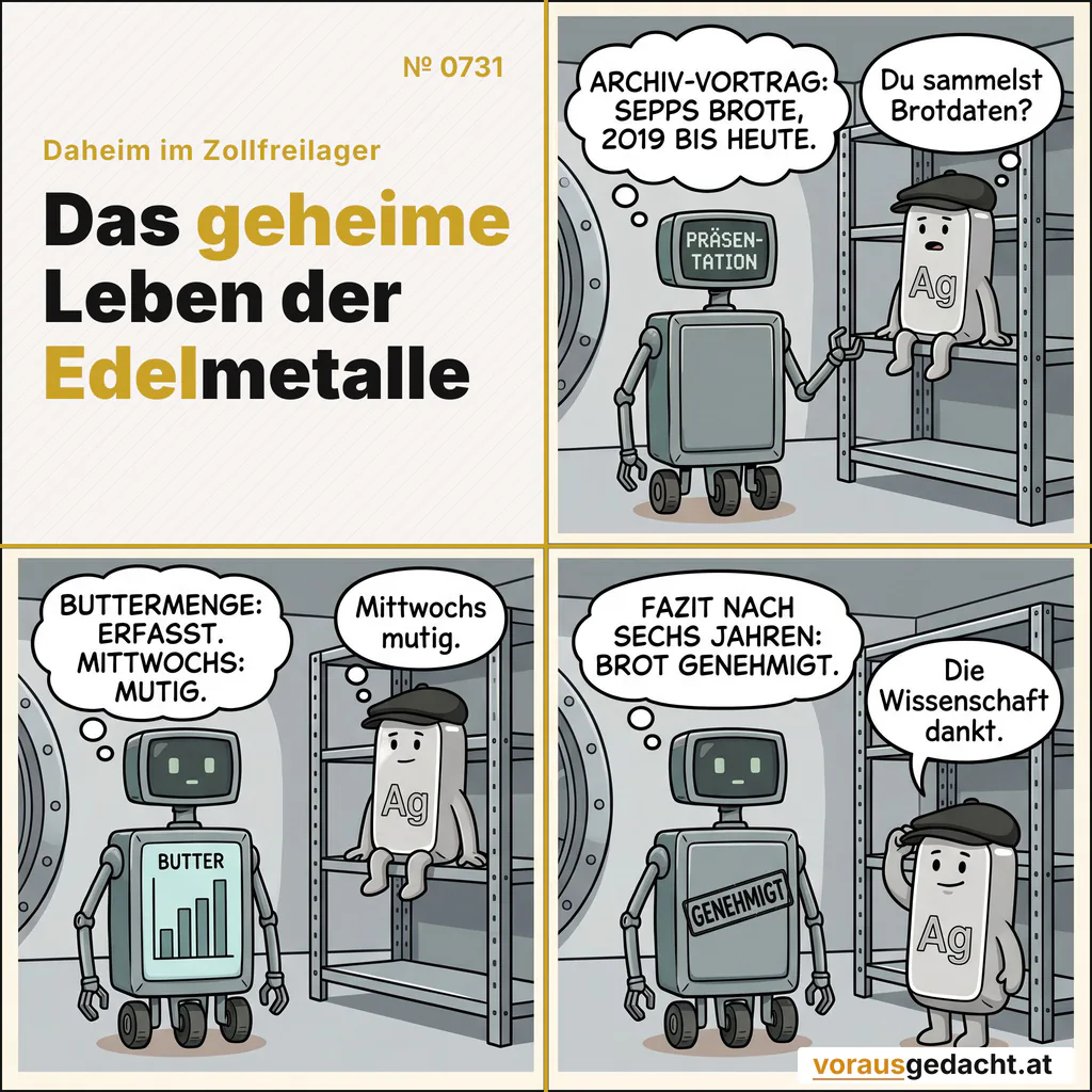 Rudi präsentiert sechs Jahre Brotforschung. Das Fazit: genehmigt. Comic-Strip Nr. 0731: „Brotstudie“. Bild 1: Rudi steht vor Silberts Regal, kein Mensch da. Auf seinem Bildschirm steht in klobiger Schrift „PRÄSENTATION“. R-3000 denkt: „ARCHIV-VORTRAG: SEPPS BROTE, 2019 BIS HEUTE.“ Silbert denkt: „Du sammelst Brotdaten?“ Bild 2: Gleiche Szene: Rudis Bildschirm zeigt ein kleines klobiges Diagramm mit Buttermengen, beschriftet „BUTTER“. Silbert studiert es. R-3000 denkt: „BUTTERMENGE: ERFASST. MITTWOCHS: MUTIG.“ Silbert denkt: „Mittwochs mutig.“ Bild 3: Gleiche Szene: Rudis Bildschirm zeigt einen großen klobigen Stempel „GENEHMIGT“. Silbert schaut ausdruckslos, die Kappe respektvoll geneigt. R-3000 denkt: „FAZIT NACH SECHS JAHREN: BROT GENEHMIGT.“ Silbert denkt: „Die Wissenschaft dankt.“