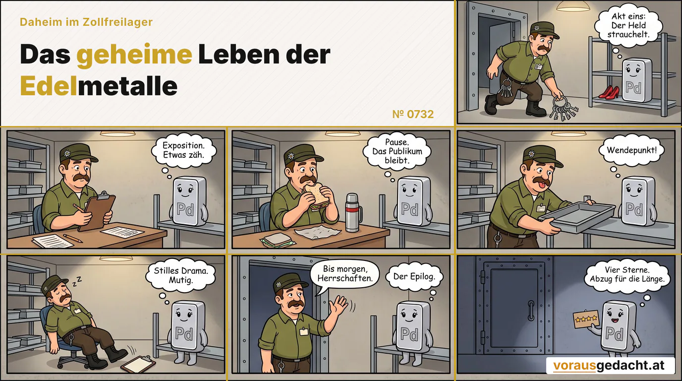 Palladette rezensiert Sepps komplette Schicht. Vier Sterne, Abzug für die Länge. Comic-Strip Nr. 0732: „Die Rezension“. Bild 1: Morgen im Lager. Sepp kommt durch das schwere Tor, der Schlüsselbund rutscht ihm aus der Hand, er bückt sich danach. Palladette steht im Hintergrund reglos im Regal, der rote Schuh links an ihrem Fuß. Palladette denkt: „Akt eins: Der Held strauchelt.“ Bild 2: Sepp zählt am Schreibtisch mit Klemmbrett und Bleistift die Fachbeschriftungen. Palladette steht reglos im Regal und beobachtet ihn nur mit den Augen. Palladette denkt: „Exposition. Etwas zäh.“ Bild 3: Mittag. Sepp isst am Schreibtisch ein Brot aus Butterbrotpapier, die Thermoskanne daneben. Palladette steht reglos im Regal. Palladette denkt: „Pause. Das Publikum bleibt.“ Bild 4: Sepp rückt ein sichtbar schiefes Fach direkt neben Palladette gerade, vor Konzentration die Zungenspitze zwischen den Lippen. Palladette bleibt reglos. Palladette denkt: „Wendepunkt!“ Bild 5: Nachmittag. Sepp schläft in seinem Stuhl, das Kinn auf der Brust, das Klemmbrett rutscht ihm vom Schoß. Palladette steht reglos im Regal. Palladette denkt: „Stilles Drama. Mutig.“ Bild 6: Abend. Sepp steht im Arbeitshemd am Lagertor und winkt zum Regal hinüber. Palladette bleibt reglos. Sepp sagt: „Bis morgen, Herrschaften.“ Palladette denkt: „Der Epilog.“ Bild 7: Nacht. Das Tor ist zu, Sepp ist weg, kein Mensch mehr da. Palladette hat kurze Arme ausgefahren und hält ein selbstgebasteltes Pappschild hoch, auf dem deutlich vier gemalte Sterne zu sehen sind. Palladette denkt: „Vier Sterne. Abzug für die Länge.“