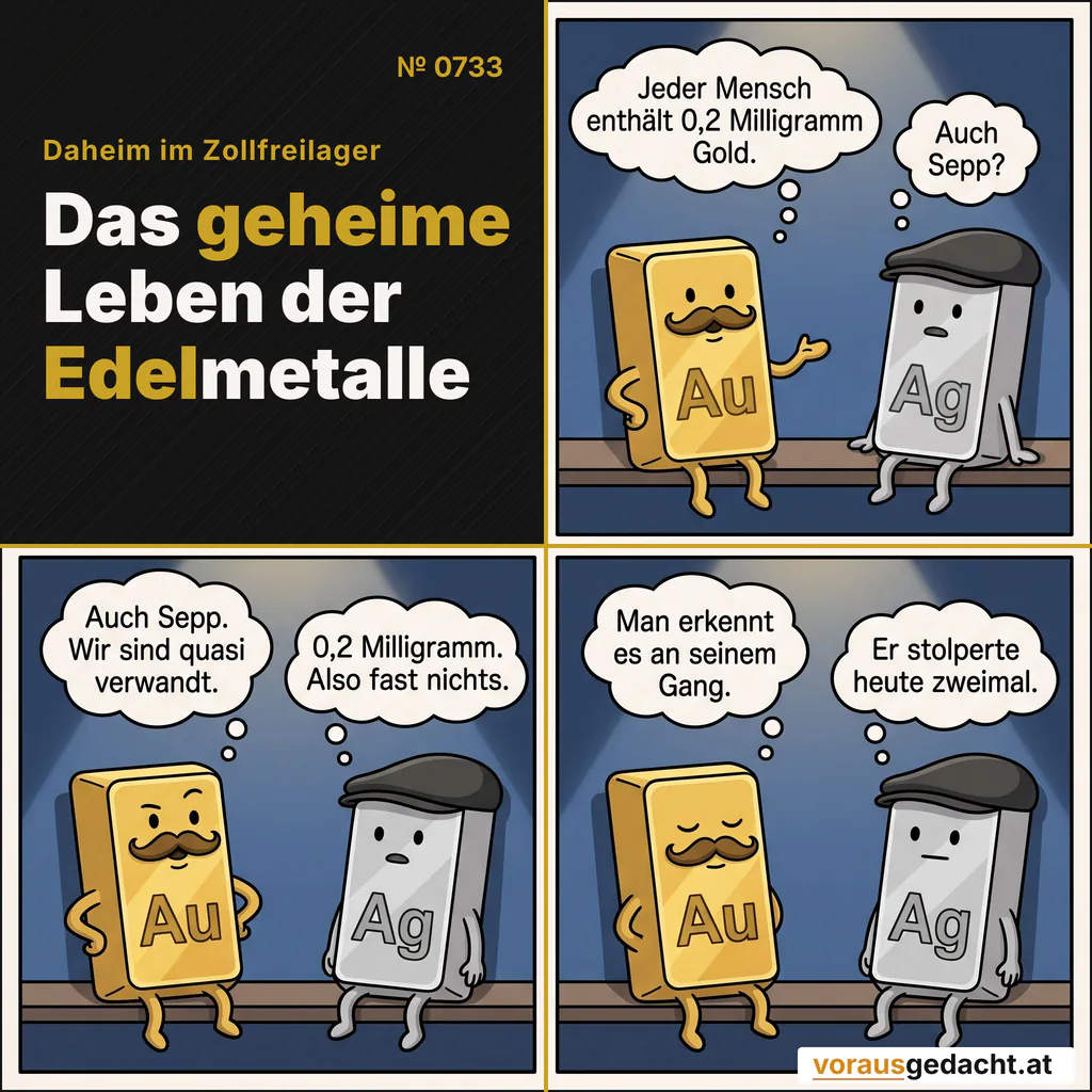 Mitternachtsfakt: Jeder Mensch enthält rund 0,2 Milligramm Gold. Goldbert erkennt es an Sepps Gang. Comic-Strip Nr. 0733: „0,2 Milligramm“. Bild 1: Nacht, gedämpftes blaues Licht. Goldbert und Silbert allein im Regal, kein Mensch da. Goldbert steht aufrecht und dozierend, Silbert lehnt entspannt mit leicht schiefer Kappe. Goldbert denkt: „Jeder Mensch enthält 0,2 Milligramm Gold.“ Silbert denkt: „Auch Sepp?“ Bild 2: Gleiches Regal im selben Nachtlicht: Goldbert wirft sich in die Brust, der Schnurrbart stolz gezwirbelt. Silbert bleibt unbeeindruckt. Goldbert denkt: „Auch Sepp. Wir sind quasi verwandt.“ Silbert denkt: „0,2 Milligramm. Also fast nichts.“ Bild 3: Gleiche Einstellung: Goldbert schließt würdevoll die Augen, Silbert blickt ausdruckslos geradeaus. Goldbert denkt: „Man erkennt es an seinem Gang.“ Silbert denkt: „Er stolperte heute zweimal.“